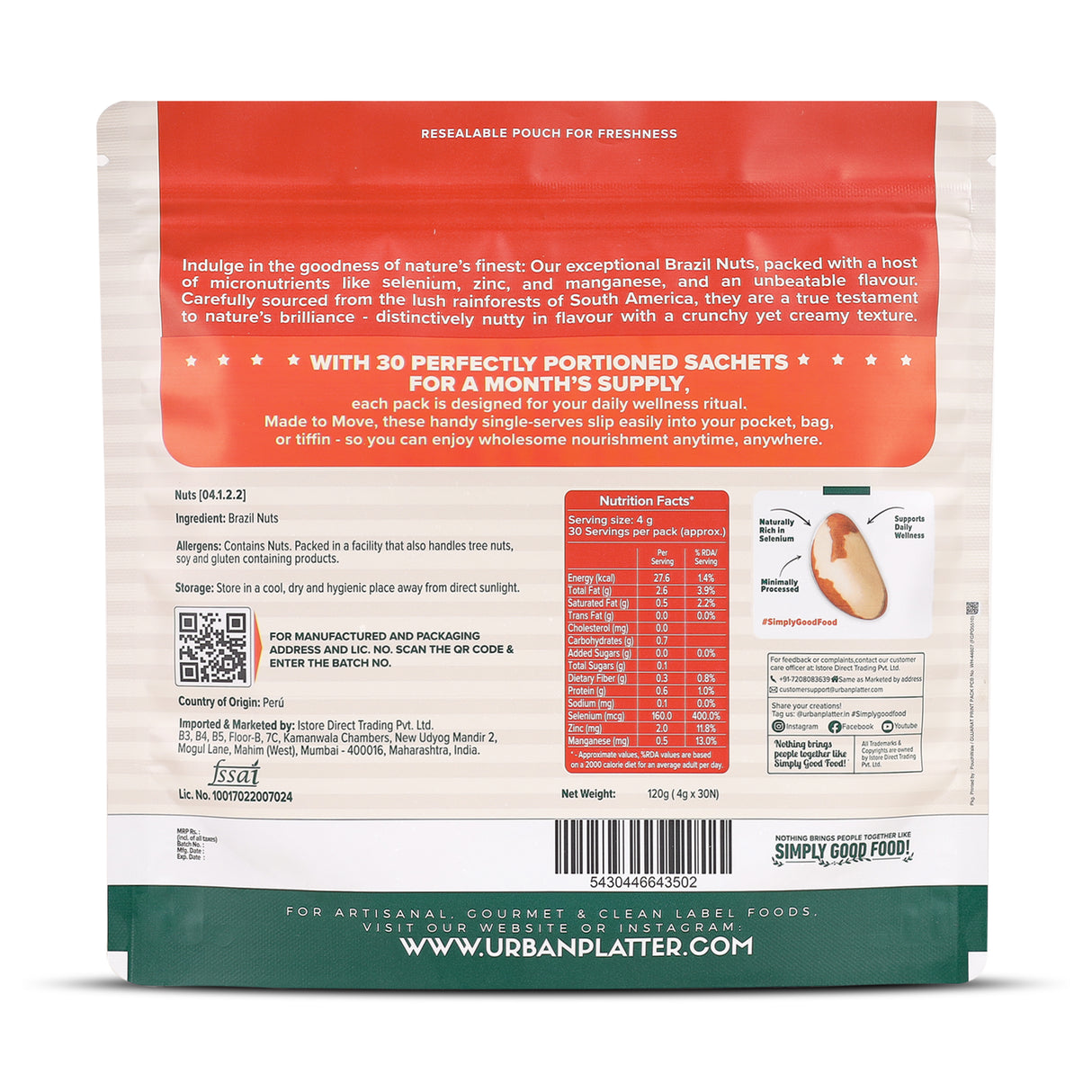 Urban Platter Brazil Nuts, 120g (Monthly Consumption Pack, Rich In Selenium, Have 1 Daily, 30 single serve brazil nut sachets)