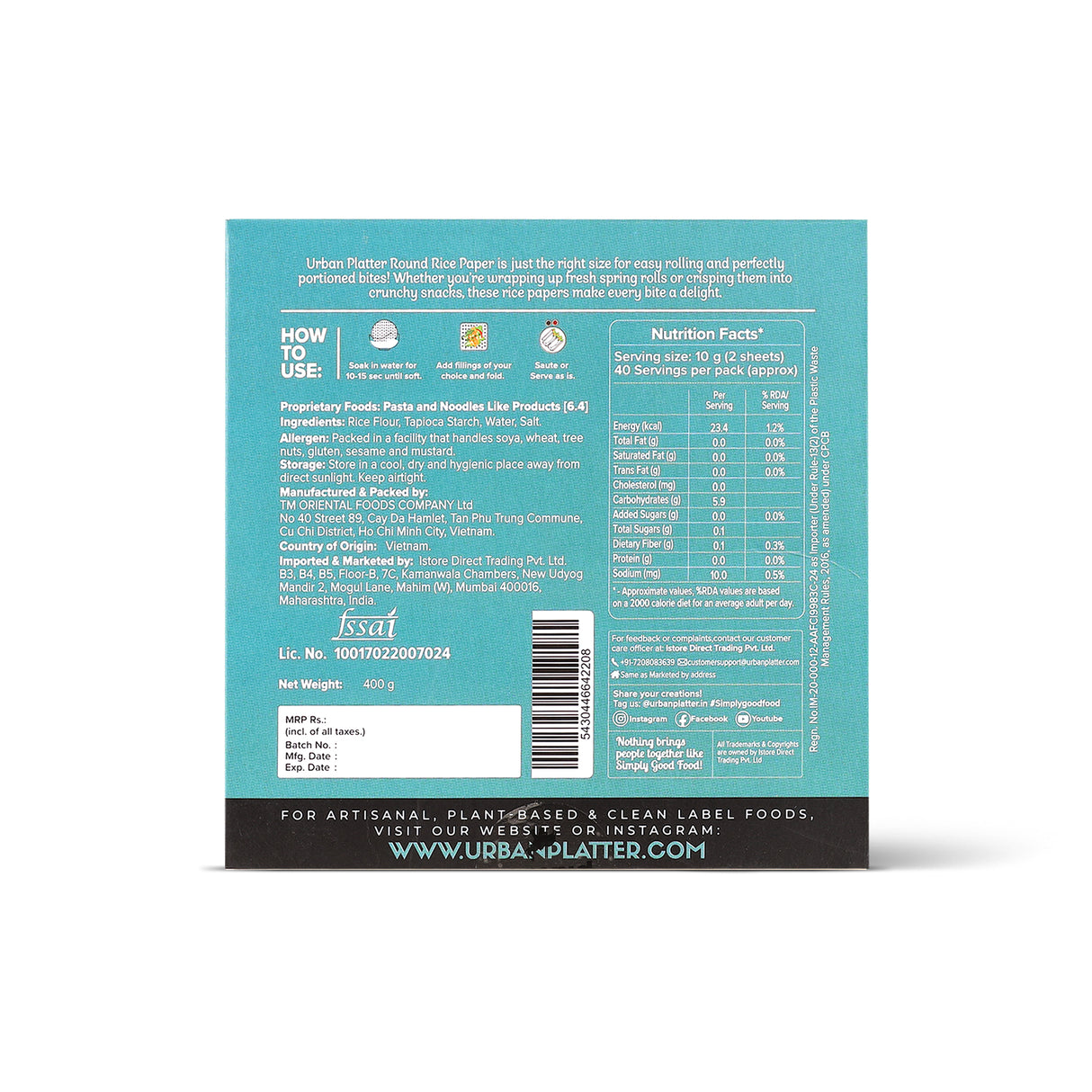 Round Rice Paper Sheets, 400g (Vietnamese Spring Roll Wrappers, Gluten-free, 16 cm Each, Easy to Roll, 80-85 Sheets per pack)