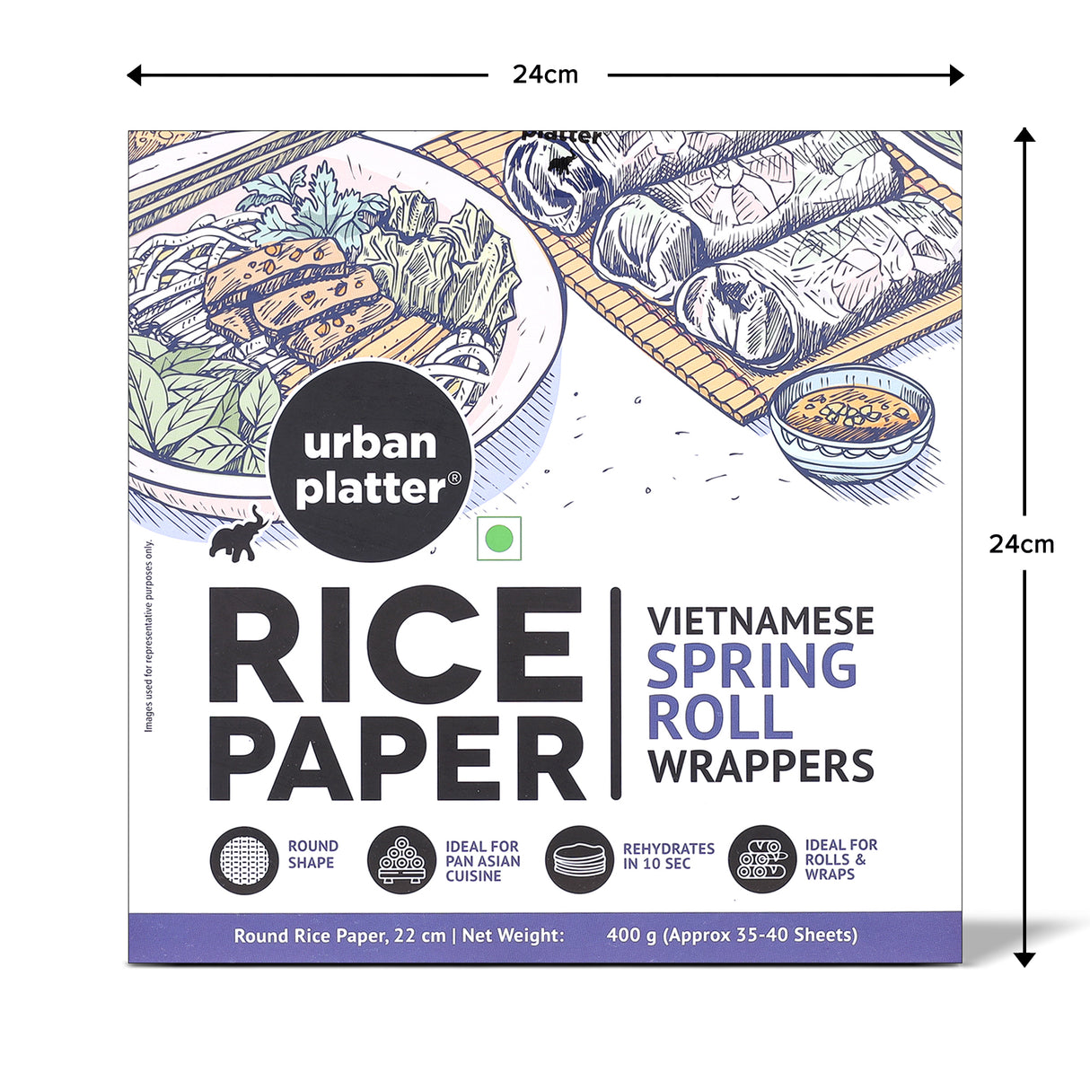 Round Rice Paper Sheets, 400g (Vietnamese Spring Roll Wrappers | Gluten Free | 22 cm Each | 35-40 Sheets per pack)