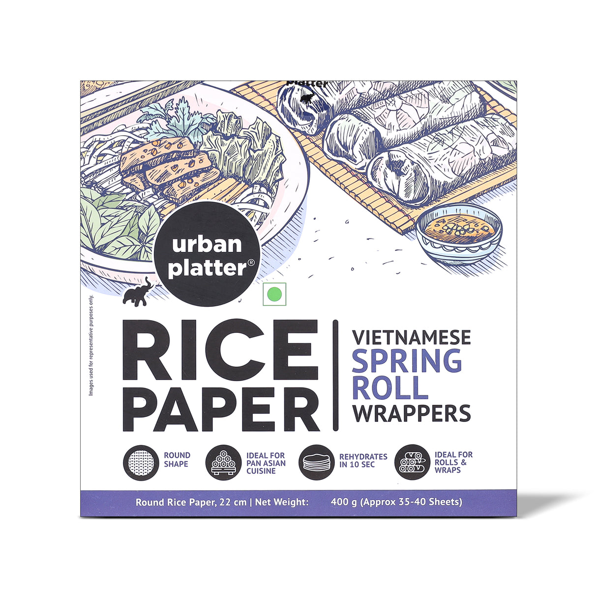 Round Rice Paper Sheets, 400g (Vietnamese Spring Roll Wrappers | Gluten Free | 22 cm Each | 35-40 Sheets per pack)