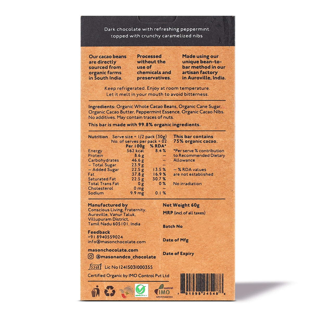 75% Dark Chocolate with Peppermint & Sweet Nibs, 60g