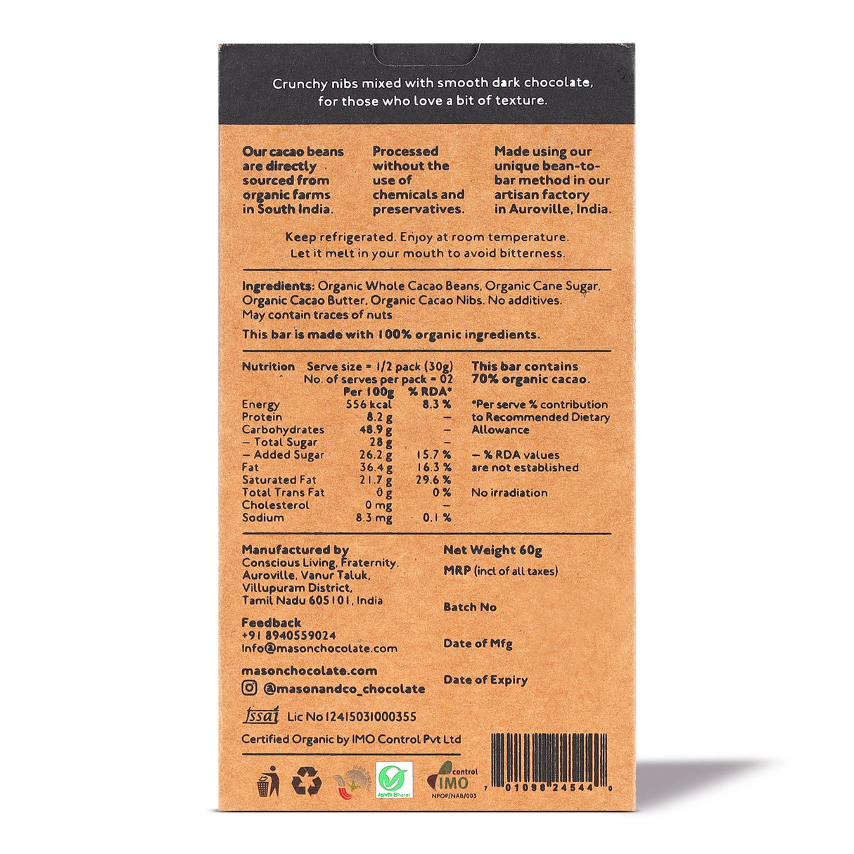 70% Cacao Chip Dark Chocolate, 60g
