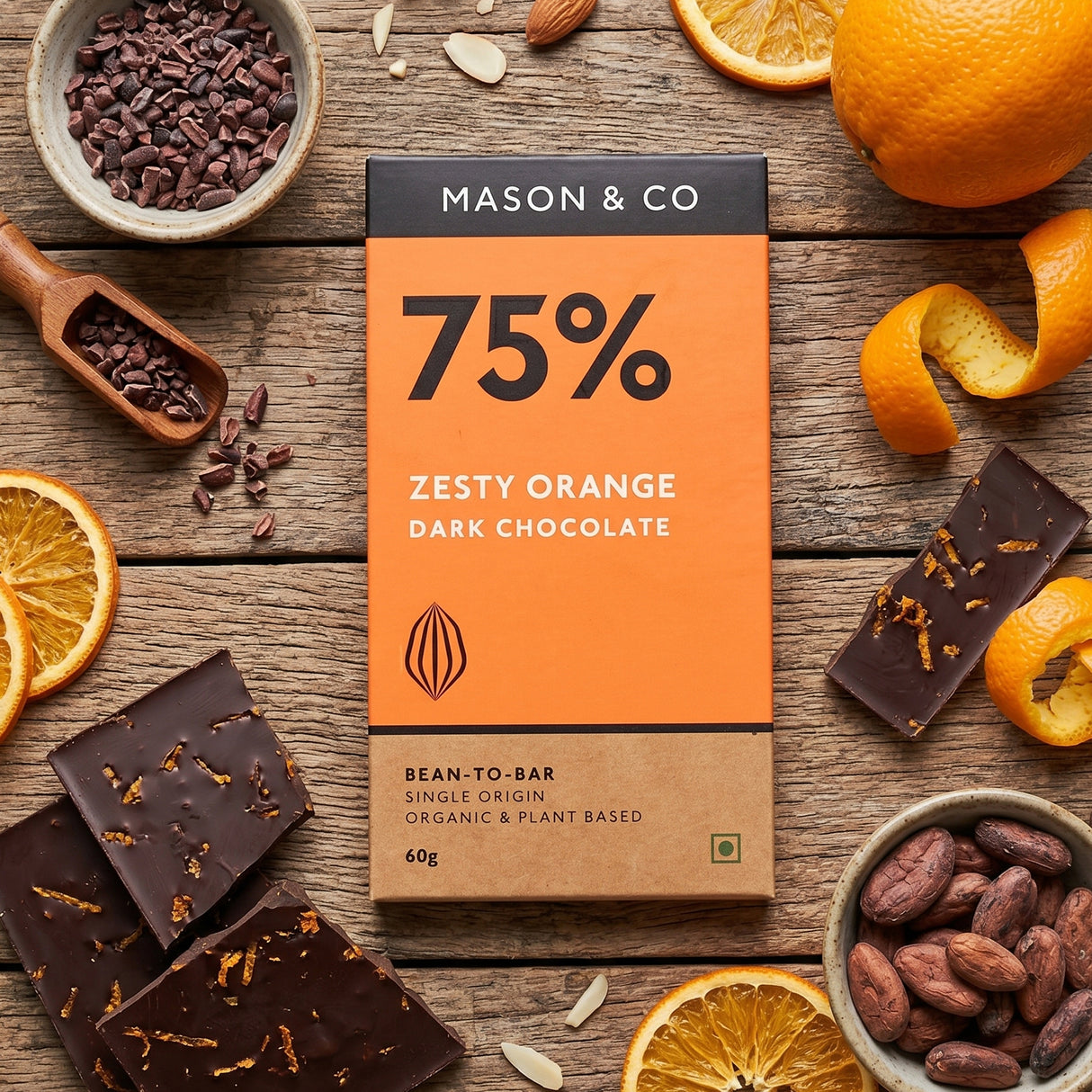 75% Zesty Orange Dark Organic Exotic Artisanal Chocolate, 60g