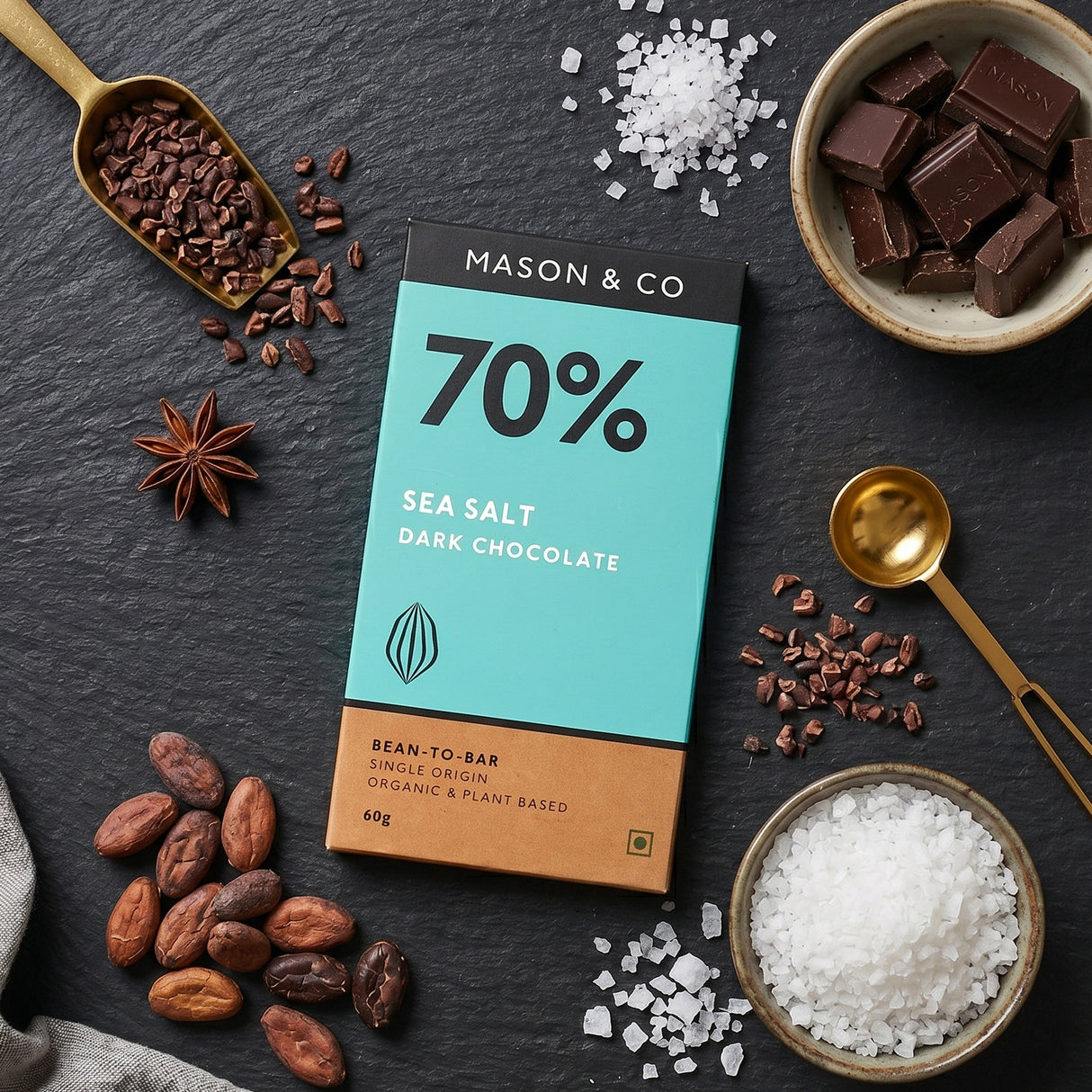 70% Sea Salt Dark Organic Exotic Artisanal Chocolate Bar, 60g