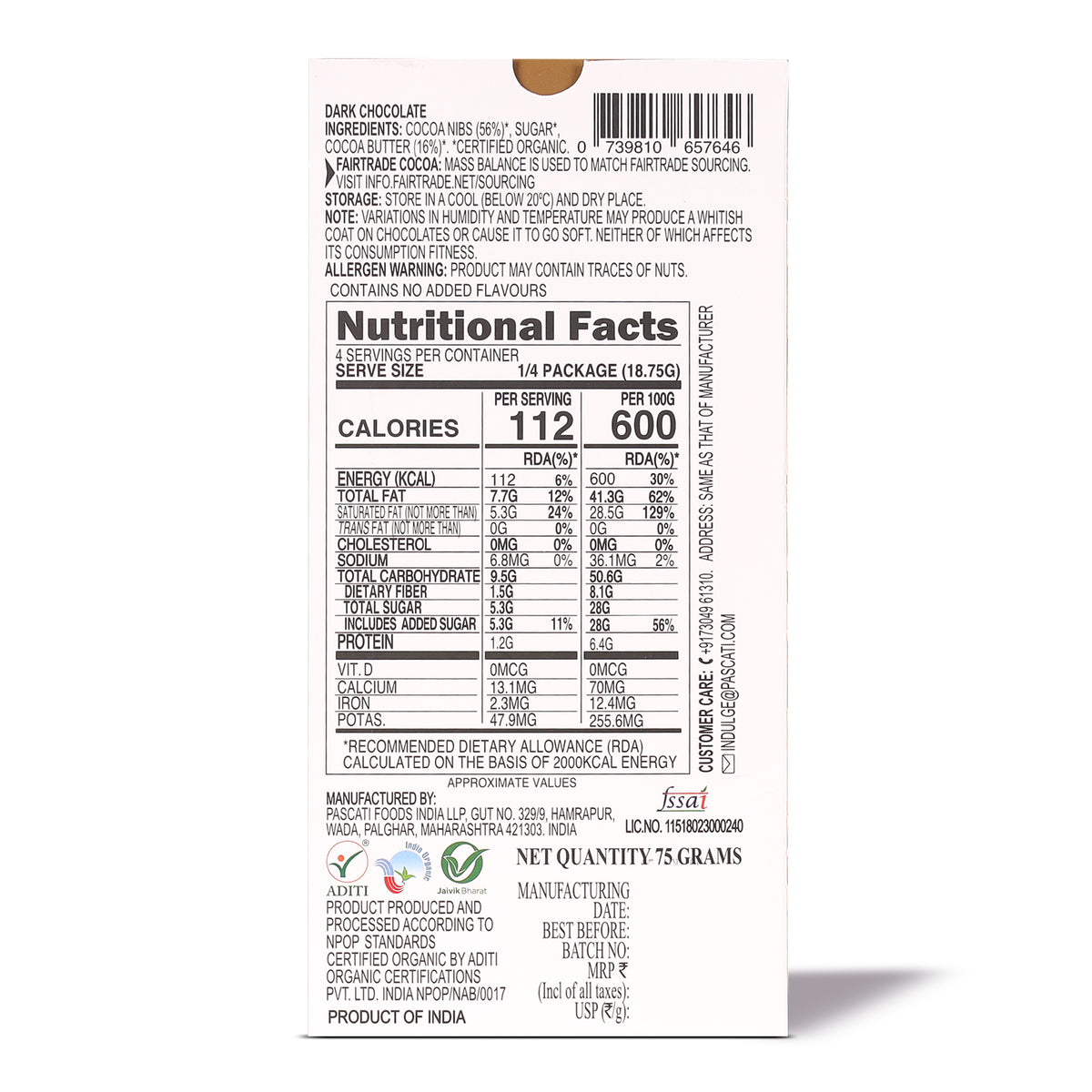 72% Dark India Organic Chocolate, 75g (Pack of 2)