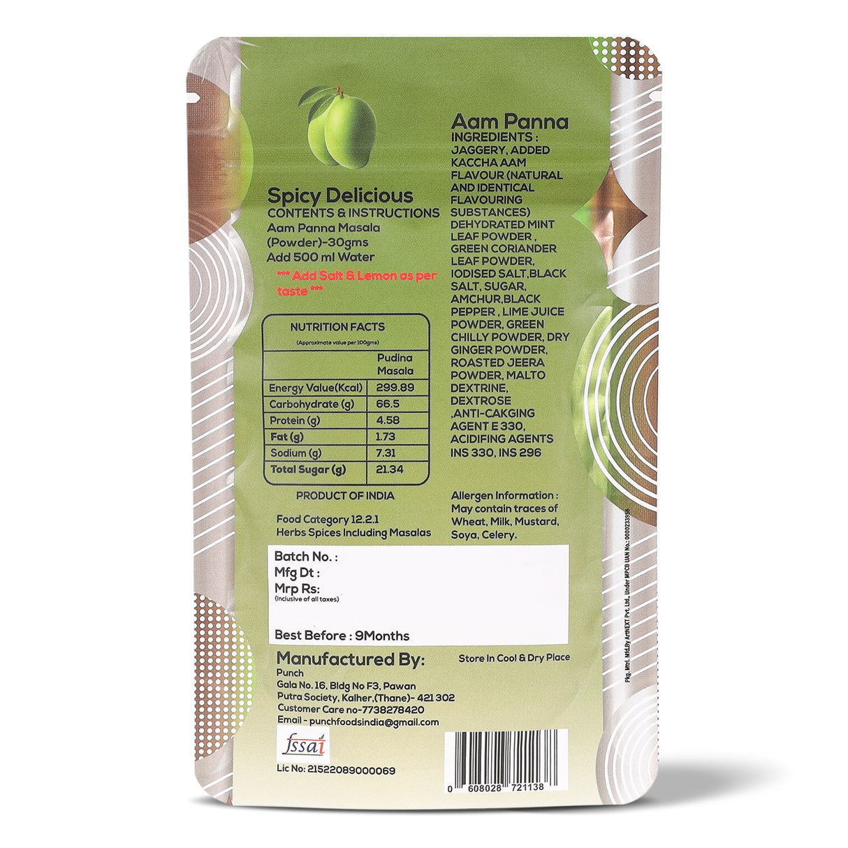 Punch Panipuri Masala Aam Panna, 30g (Instant Pani Puri Masala Mix | Authentic Tangy & Spicy Raw Mango Flavour | Just Add Water | No Added Preservatives)