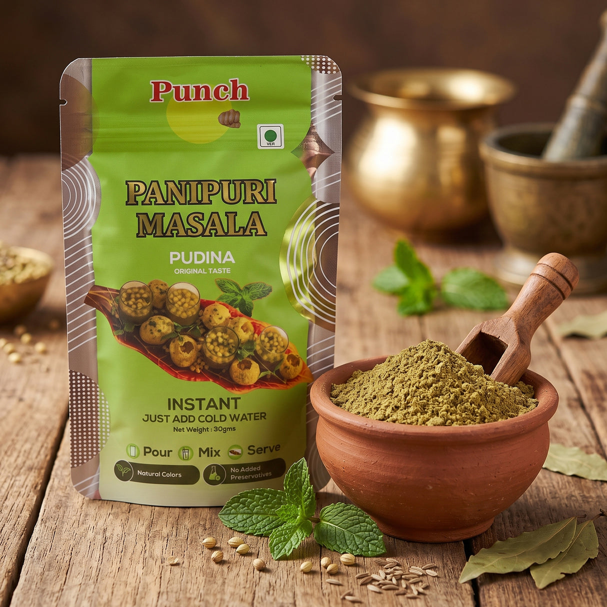 Punch Panipuri Masala Pudina, 30g (Instant Pani Puri Masala Mix | Classic Mint (Pudina) Flavour | Just Add Water | Natural Colours | No Added Preservative)