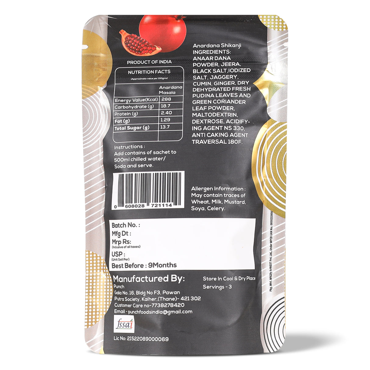 Punch Instant Shikanji Mix Anar Dana, 30g (Instant Indian Lemonade Powder | Refreshing Pomegranate Drink Mix | Just Add Water or Soda | Natural Colours | No Added Preservatives | Makes 3 Servings)