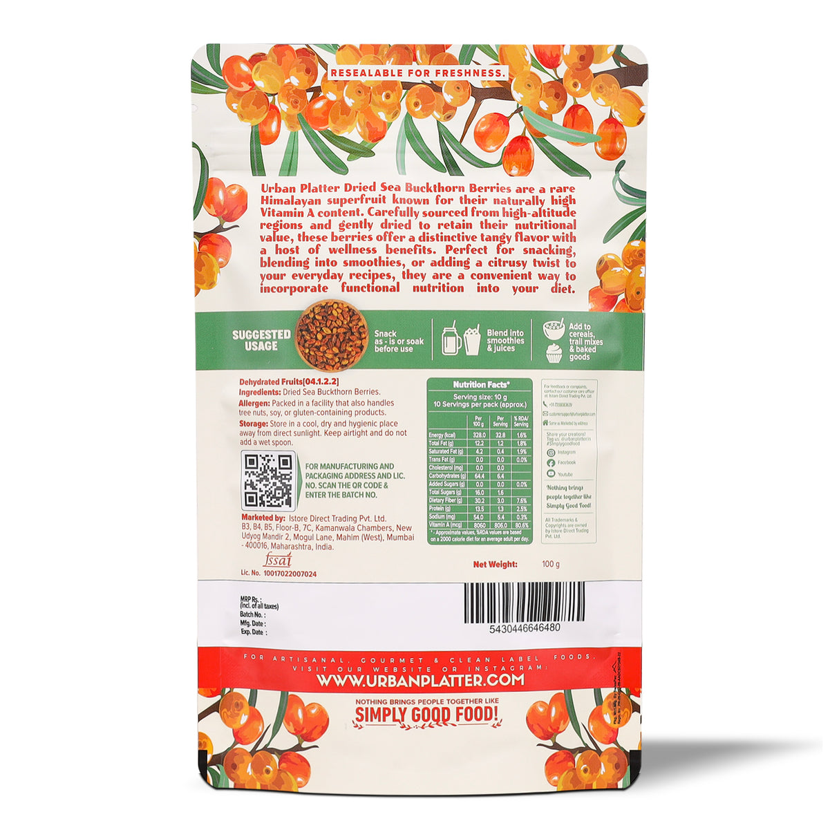 Dried Sea Buckthorn Berries, 100g (High in Vitamin A | High in Fiber | Tart & Tangy Superfruit | Add to Trail Mixes, Smoothies, Teas & Baking)