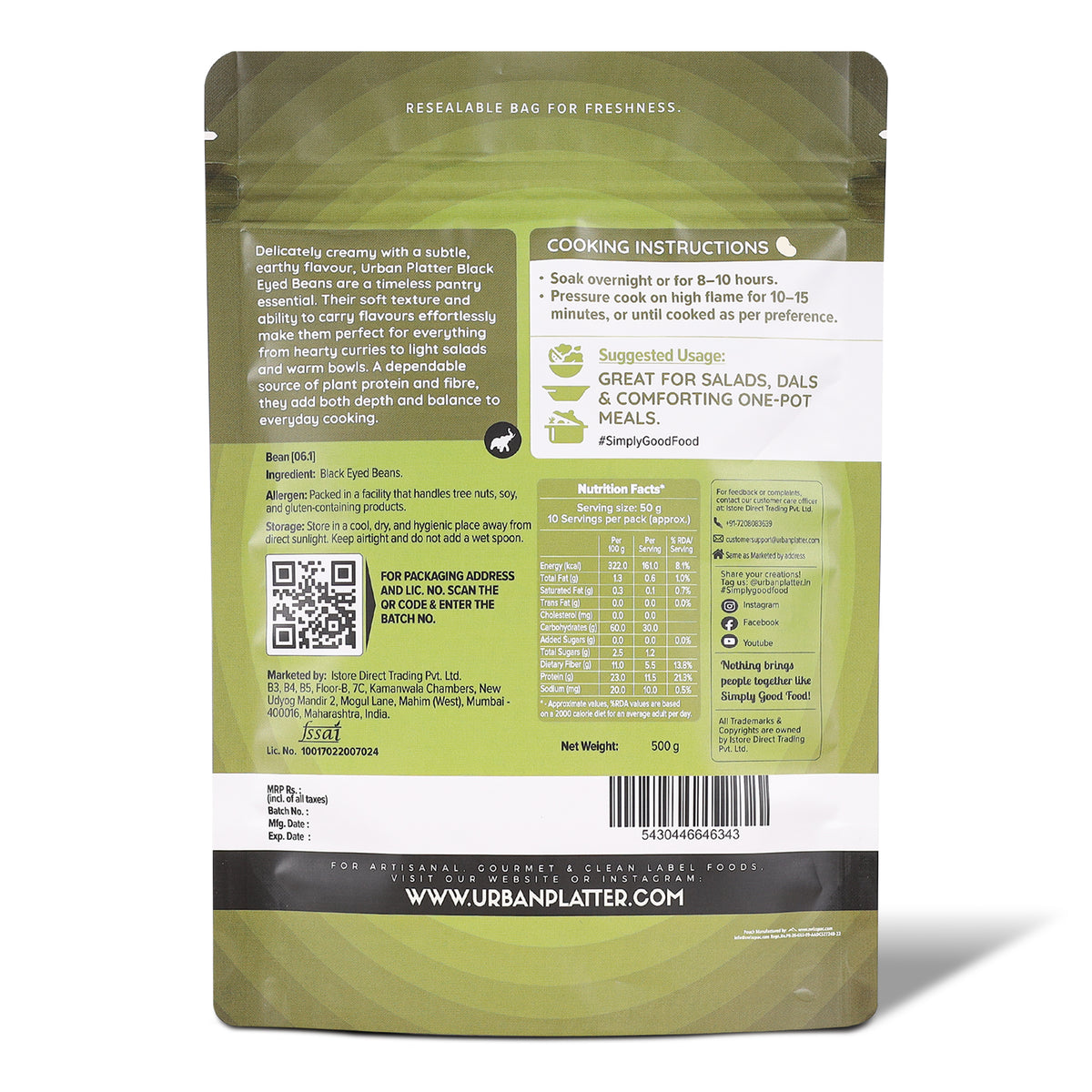 Black Eyed Beans, 500g (White Lobia/ Chawli | 23g Protein | 11g Fiber | Nourishing whole beans for Gravies, Curries, Bowls, & Salads)