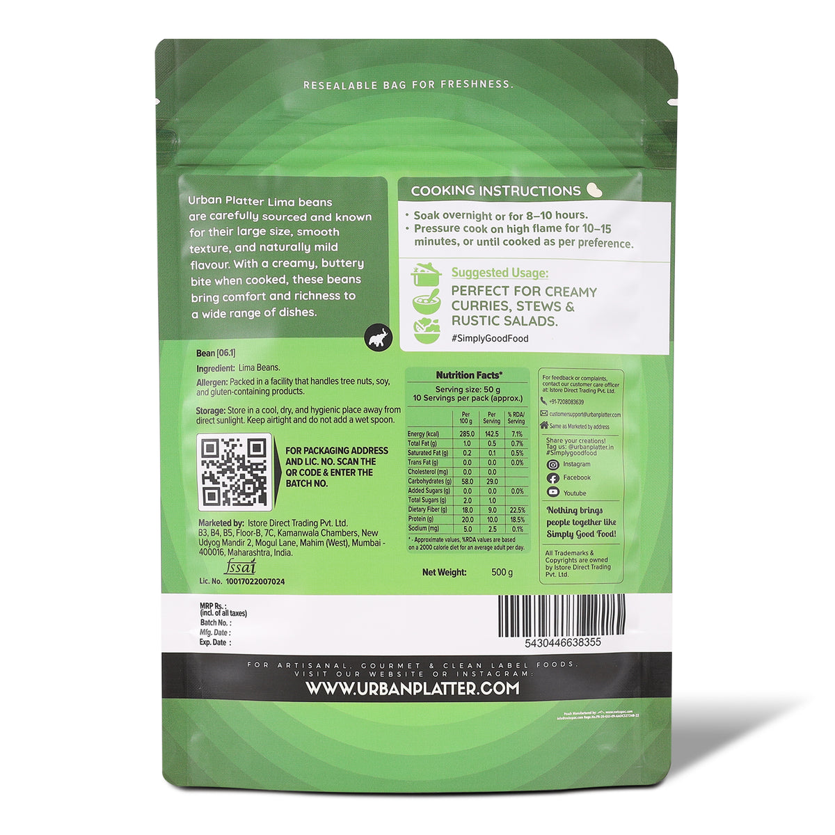 Lima Beans, 500g (Butter Beans | 20g Protein | 18g Fiber | Nourishing whole beans for Gravies, Curries, Bowls, & Salads)