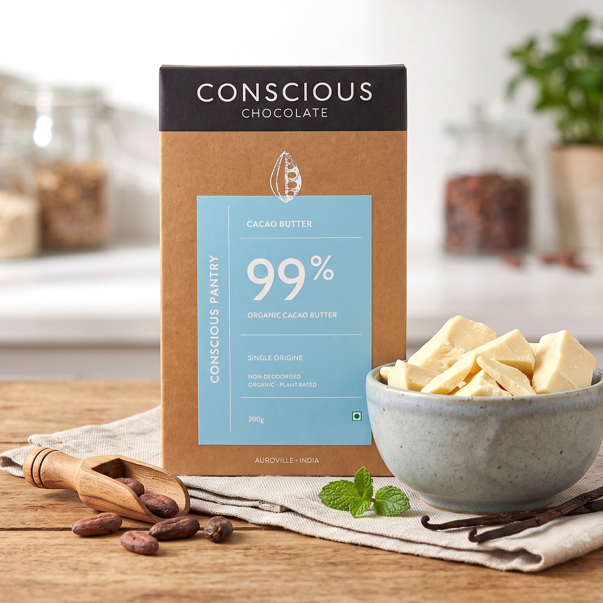 Non-Deodorised Organic Cacao Butter, 200g (Organic Cacao, Gluten Free, Soy Free, Plant-based)