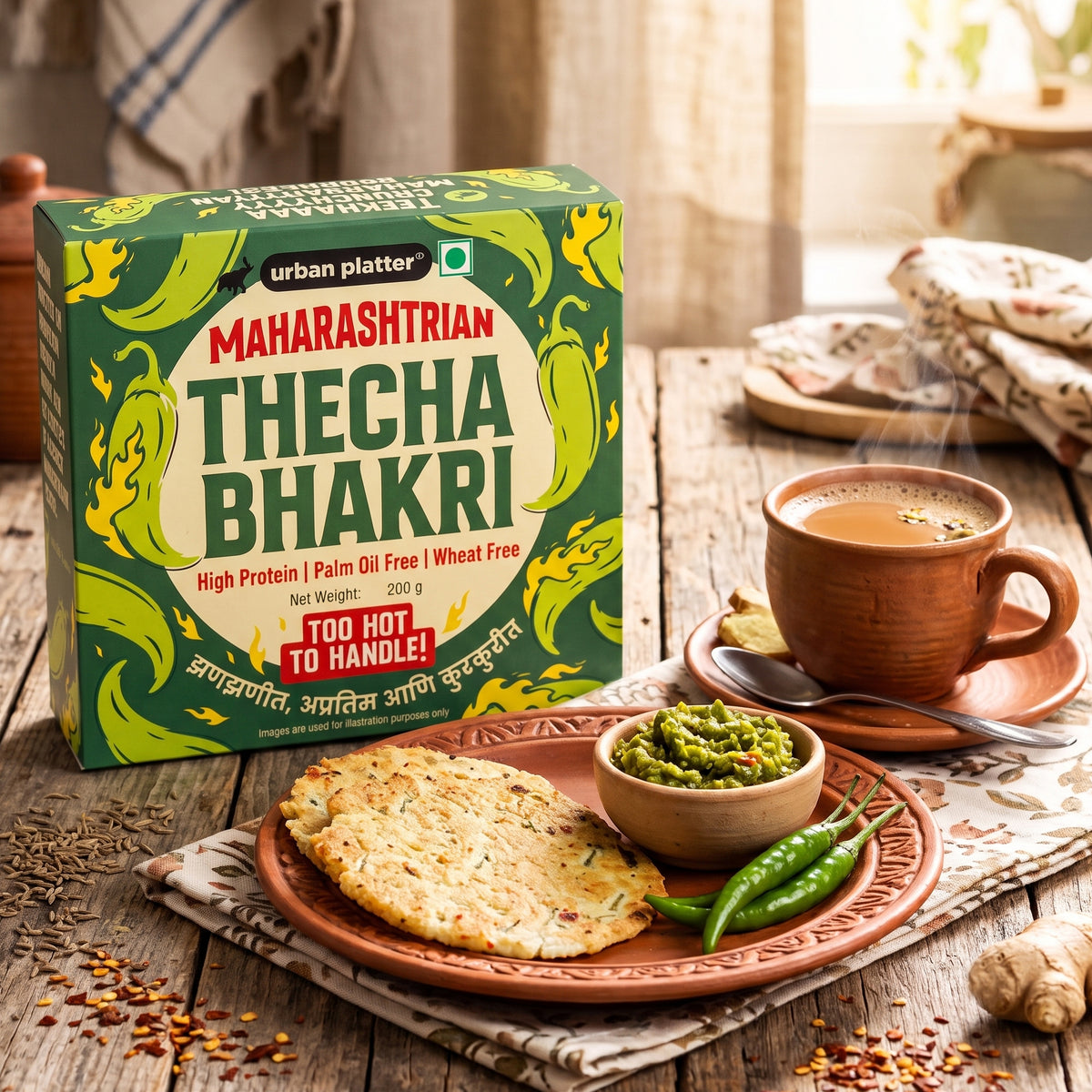 Thecha Bhakri, 200g (Maharashtrian-Style Spicy Baked Bhakri | Wheat Free | Palm Oil Free | High Protein)"