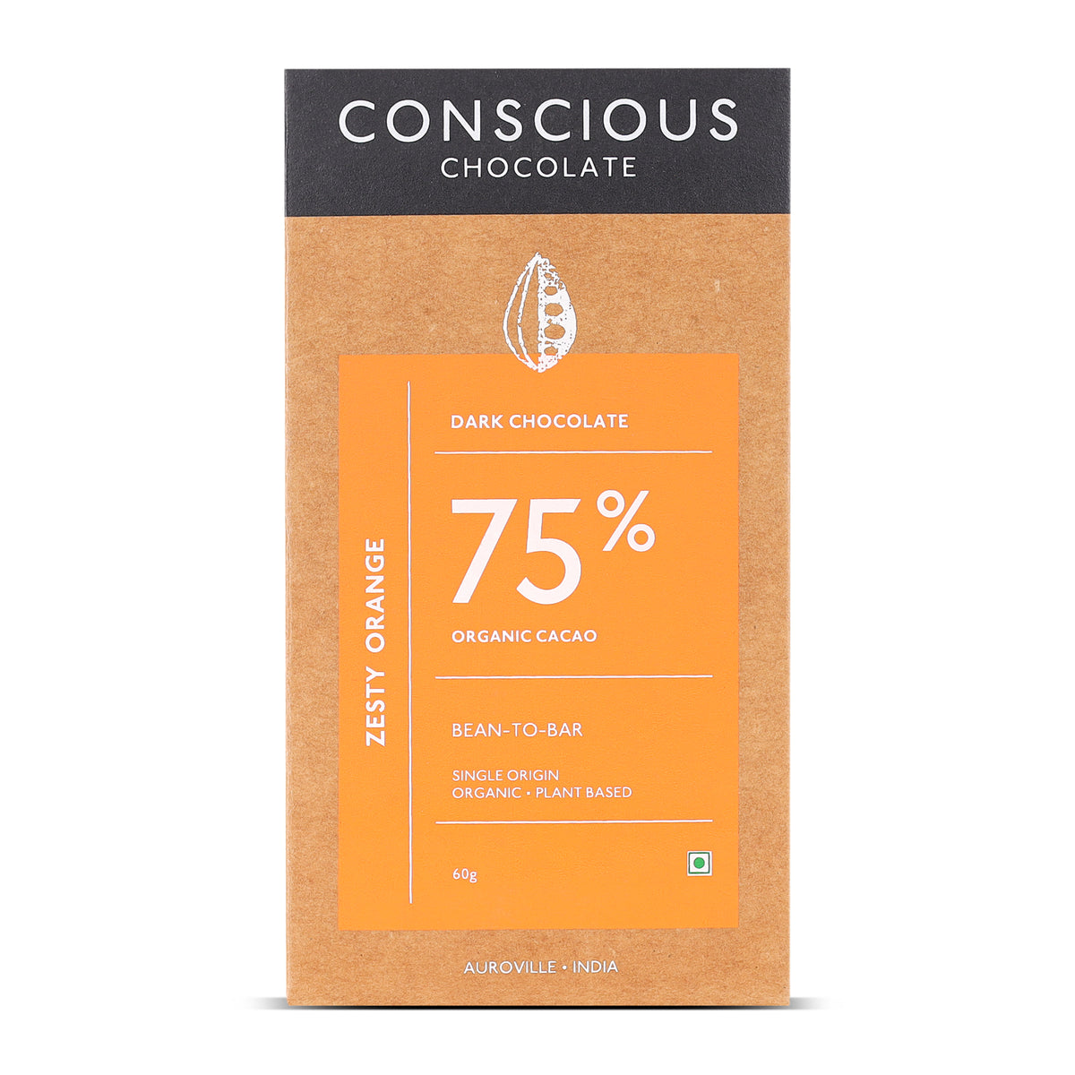 75% Zesty Orange Dark Organic Exotic Artisanal Chocolate, 60g