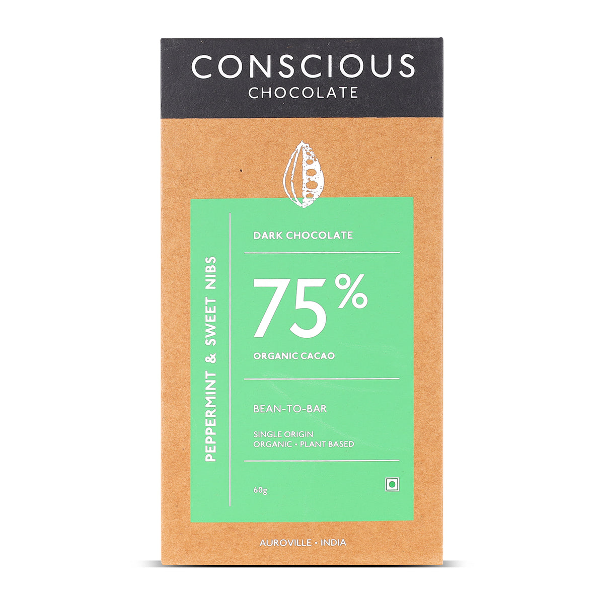 75% Dark Chocolate with Peppermint & Sweet Nibs, 60g