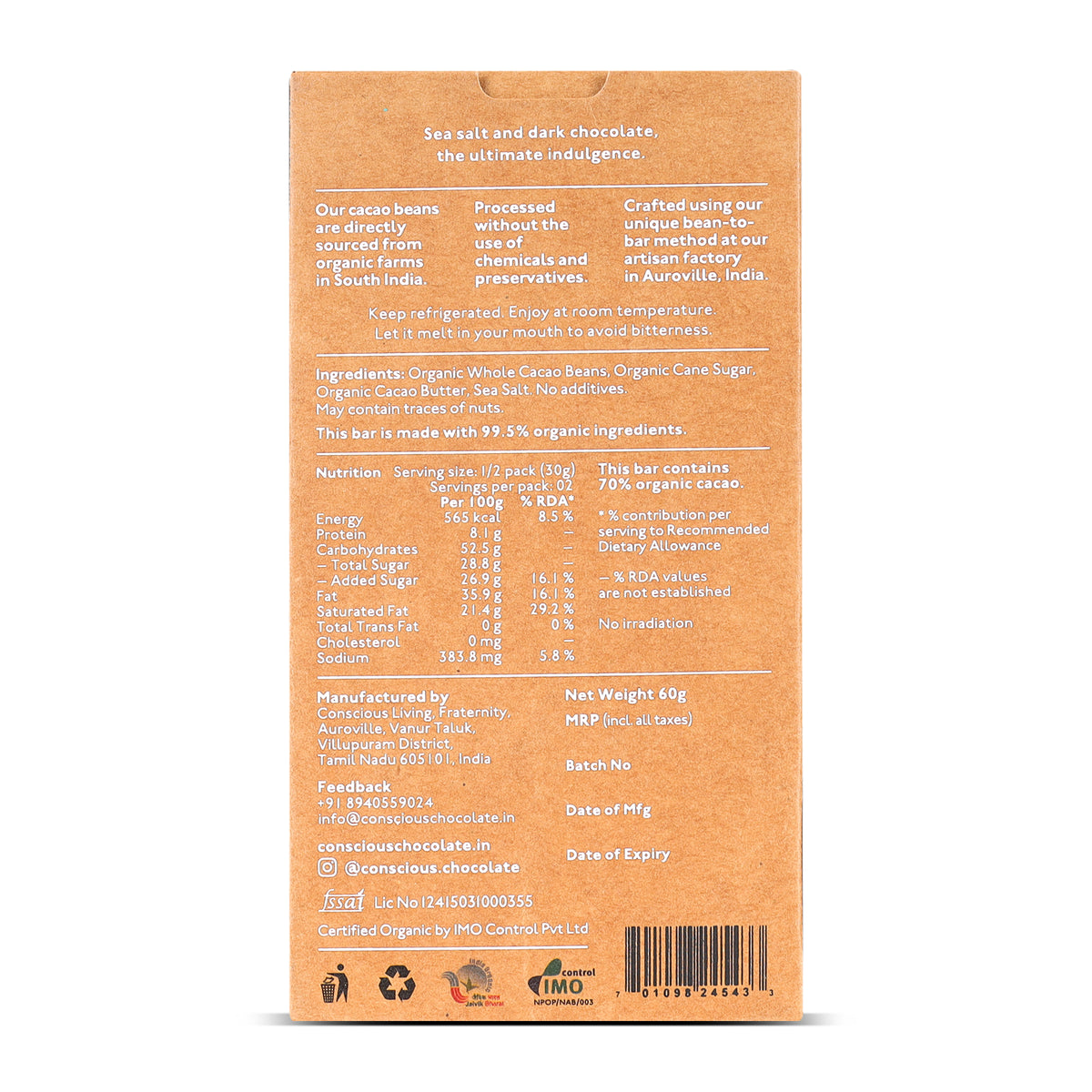 70% Sea Salt Dark Organic Exotic Artisanal Chocolate Bar, 60g