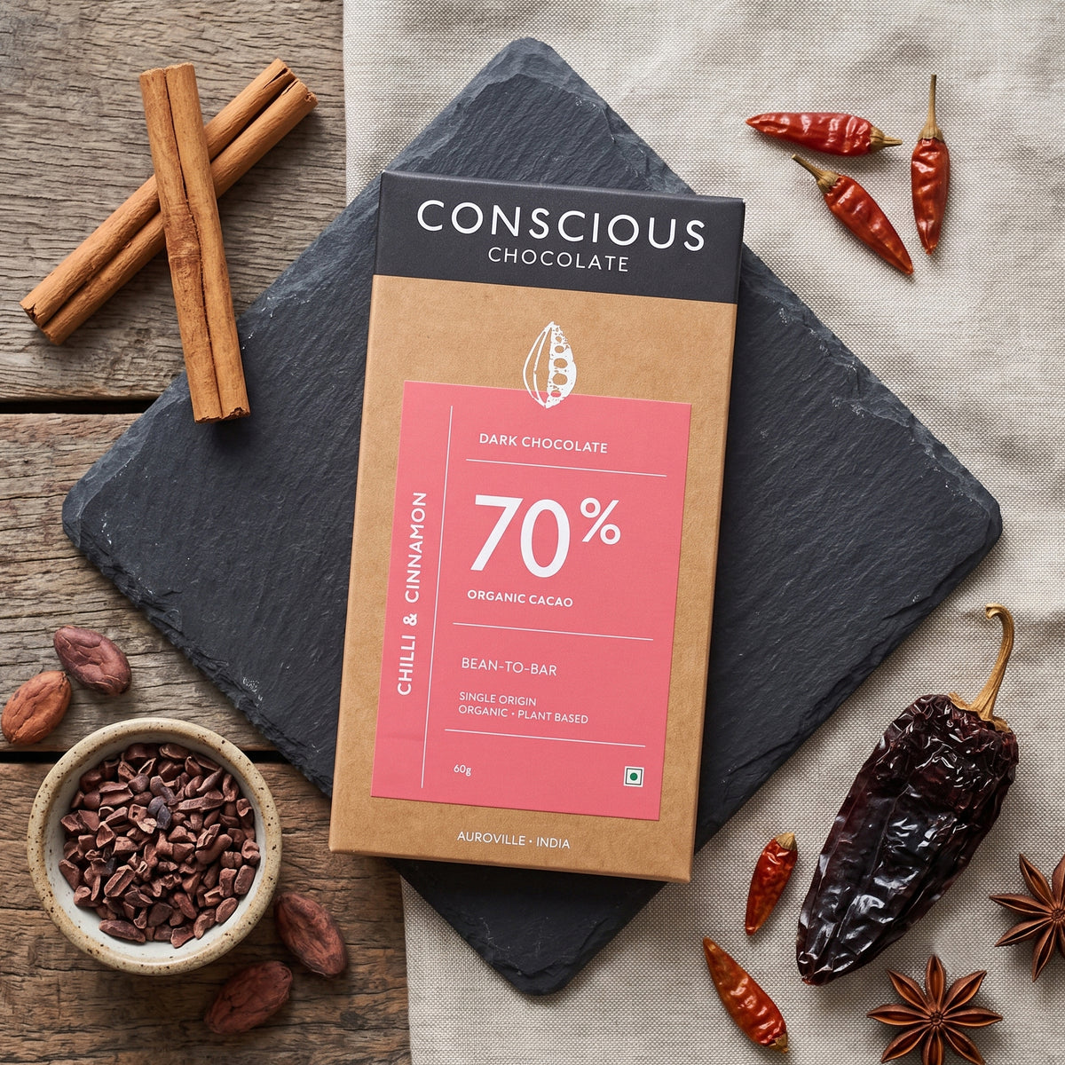 70% Chilli and Cinnamon Dark Organic Artisanal Chocolate Bar, 60g