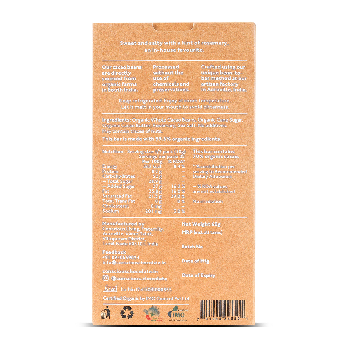 Organic 70% Rosemary and Sea Salt Dark Chocolate Bar, 60g