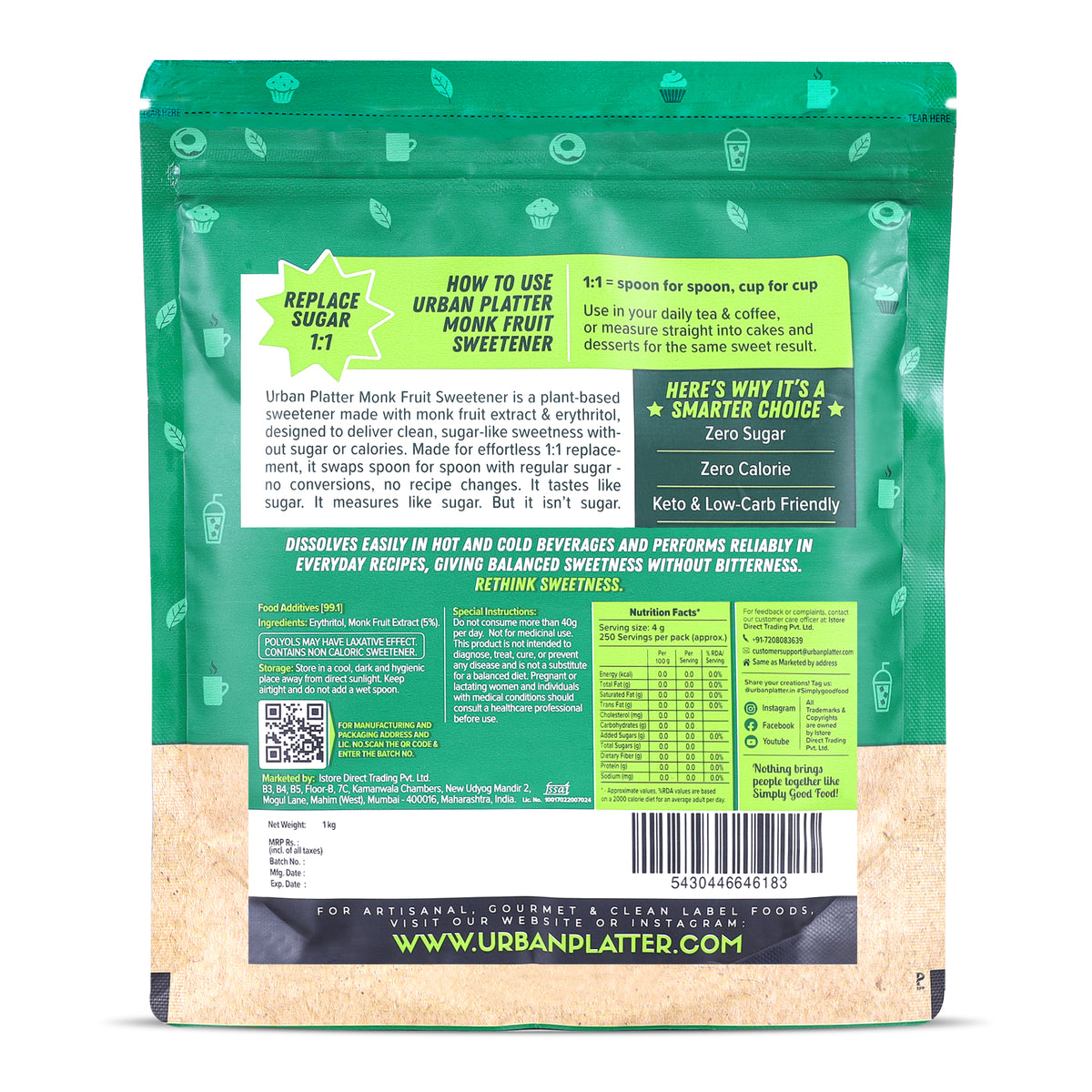 Monk Fruit Sweetener, 1kg (Zero Calorie, Keto & Diabetic-Friendly, 1:1 Sugar Replacement, No Aftertaste, Monk Fruit + Erythritol Blend)