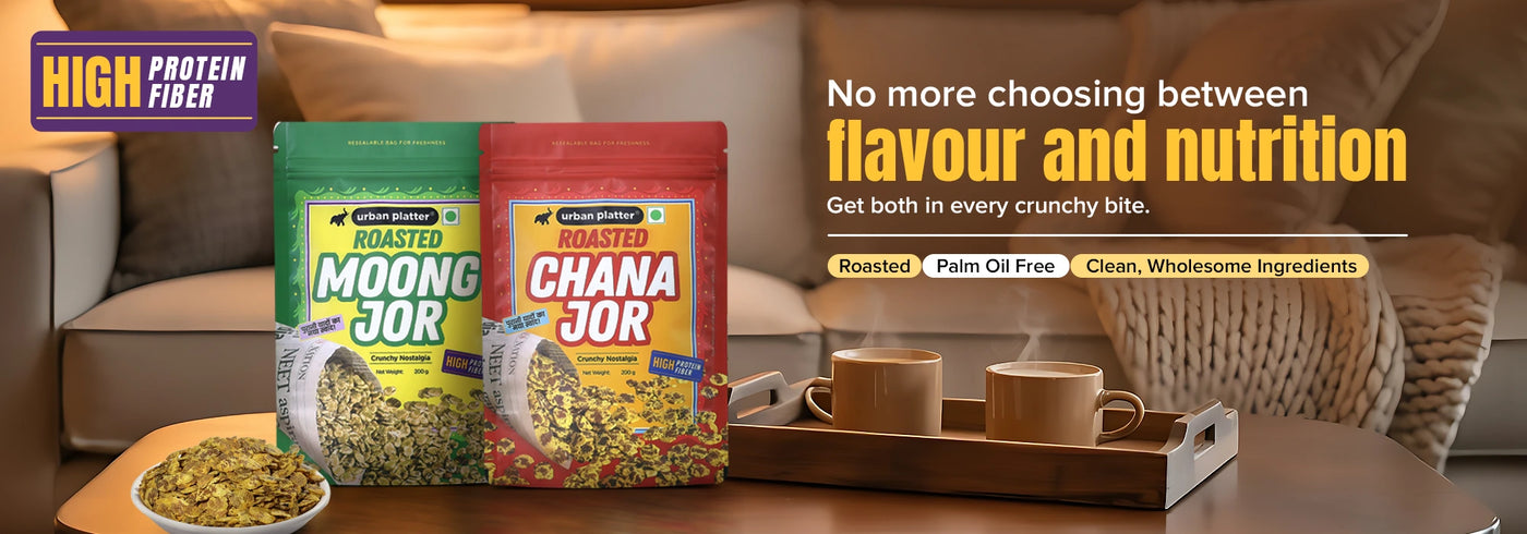 Two packages of Roasted Moong Jor and Roasted Chana Jor on a table with promotional text.