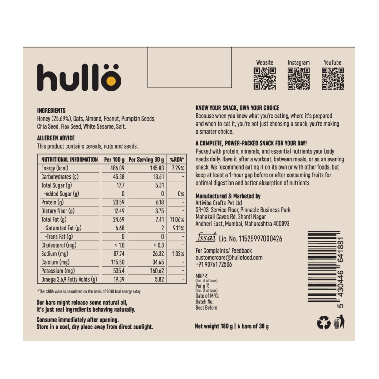 The Nuts & Seeds Bar - Honey, 180g (6x30g)