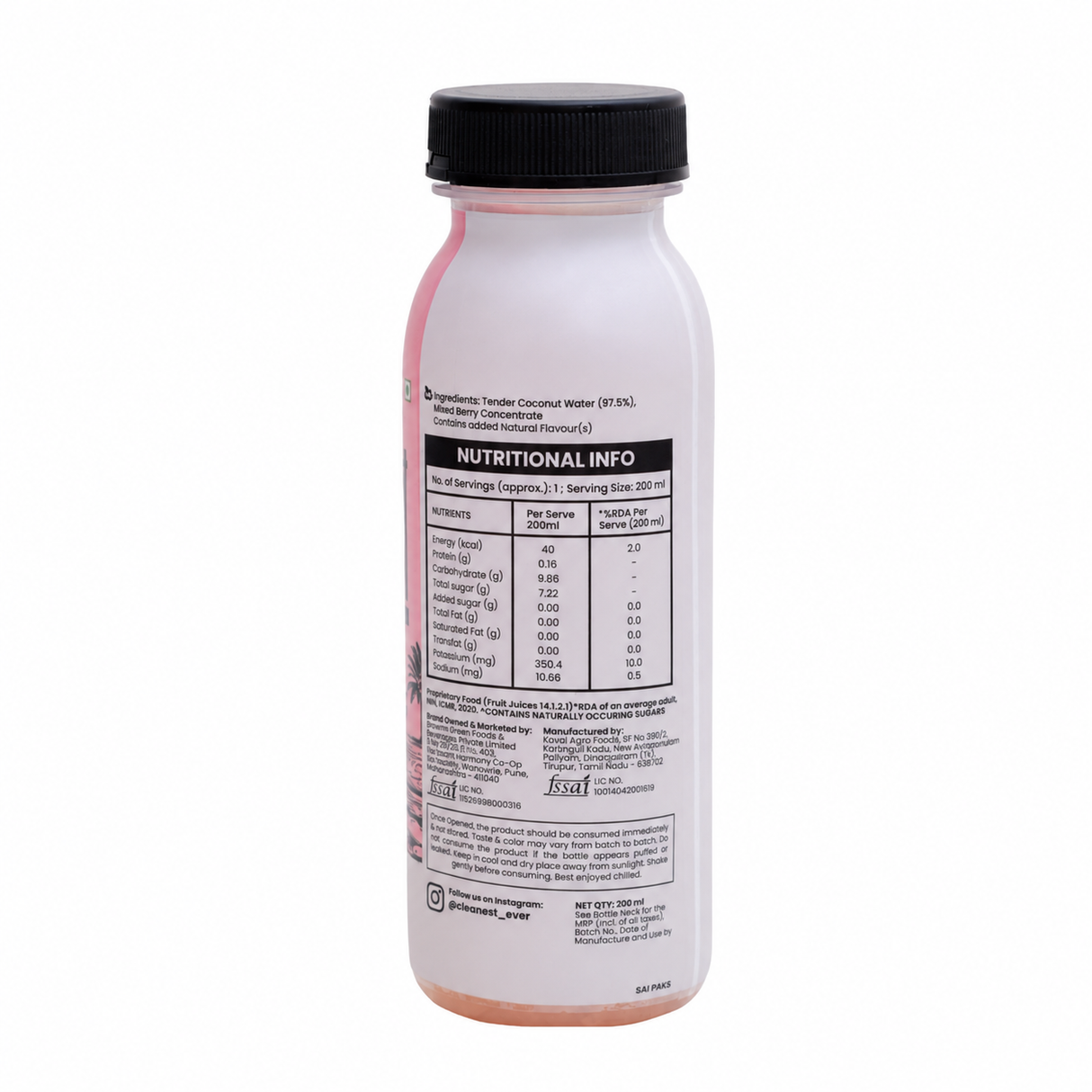 100% Natural Mix Berry Black Pepper Tender Coconut Water - 200ml, Pack of 4 (No Added Sugar, No Preservatives)