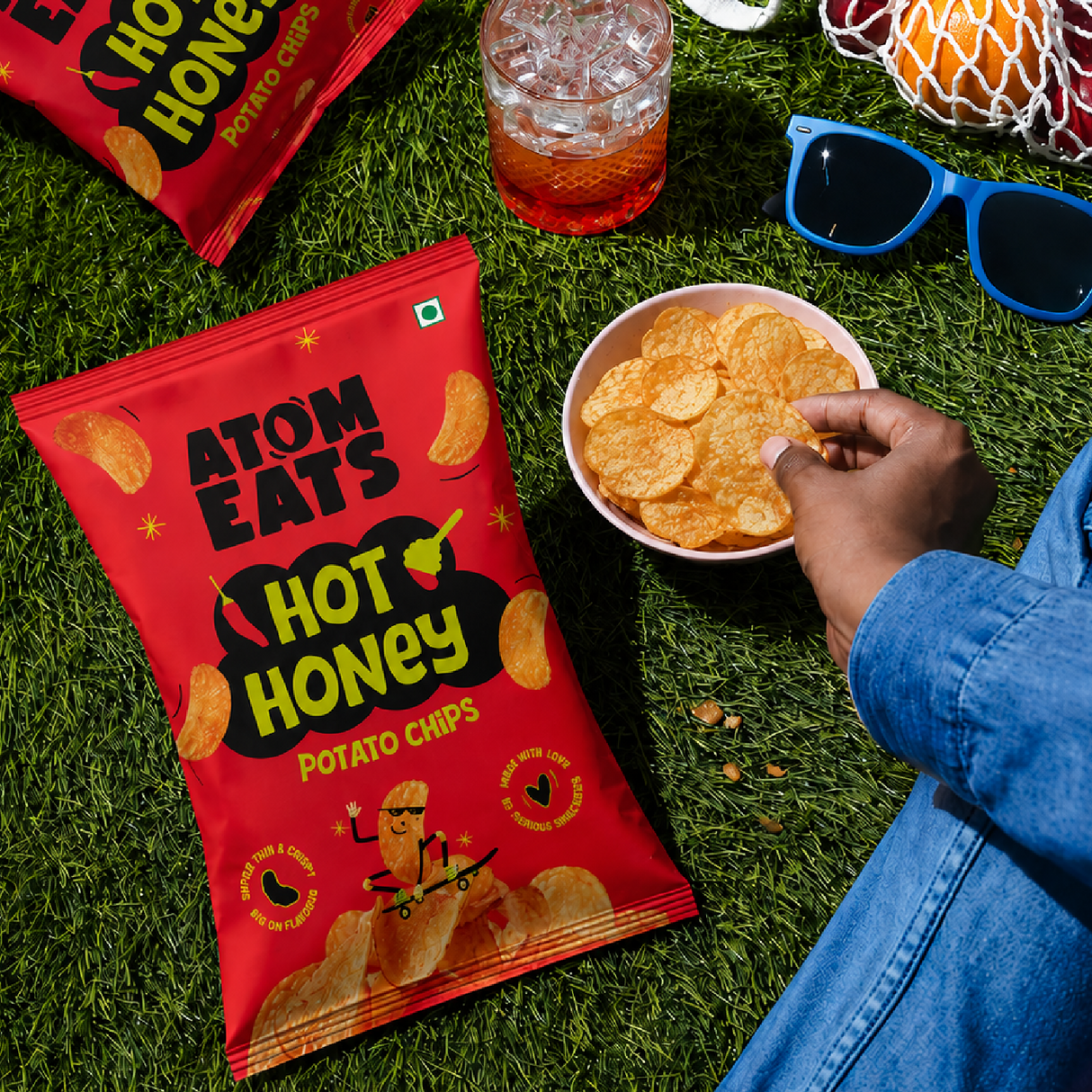 Atom Eats Hot Honey Potato Chips, 60g (Crispy Potato Chips, Sweet & Spicy Honey Chilli Flavor, Bold Crunchy Snack)
