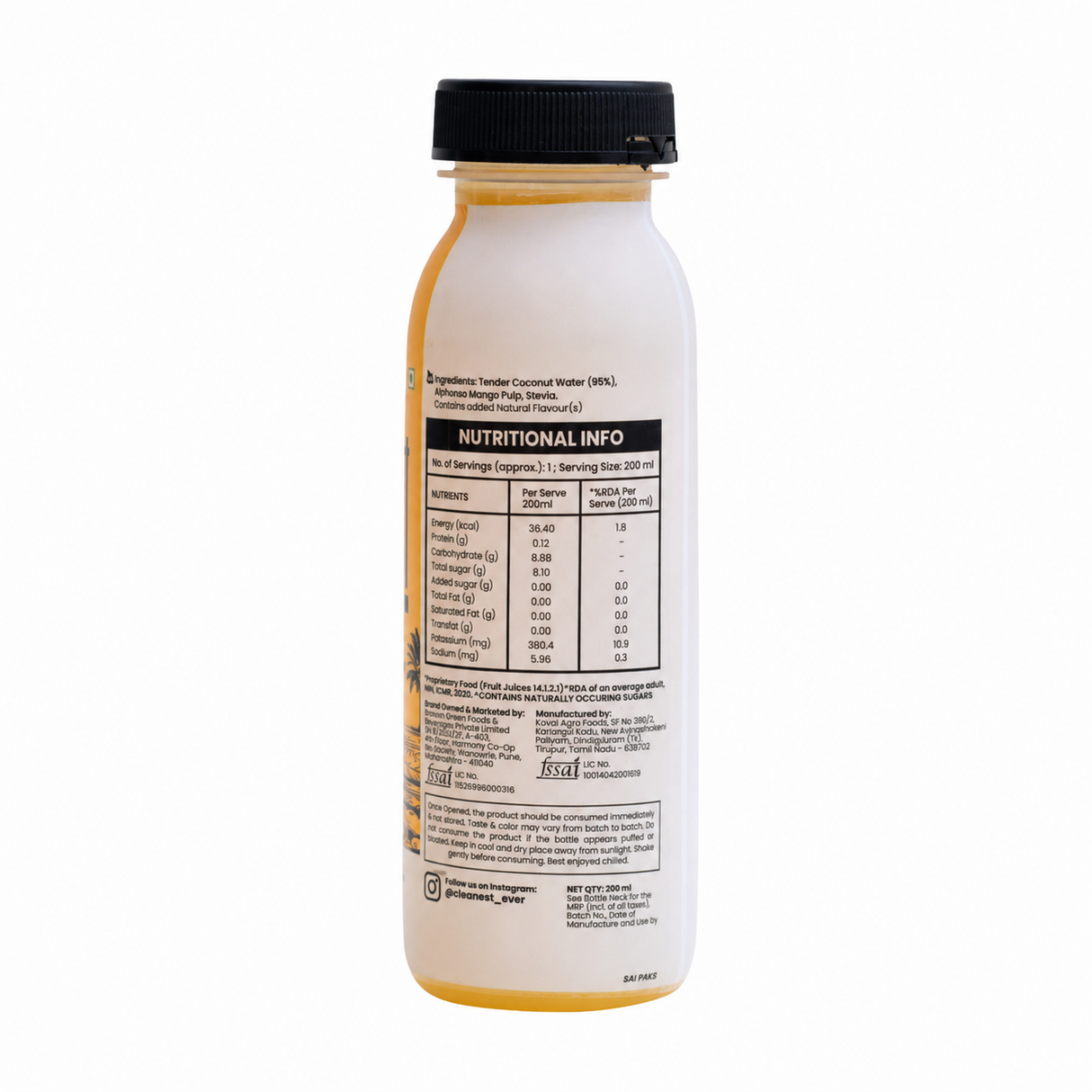 100% Natural Mango Mint Tender Coconut Water - 200ml, Pack of 4 (No Added Sugar, No Preservatives)