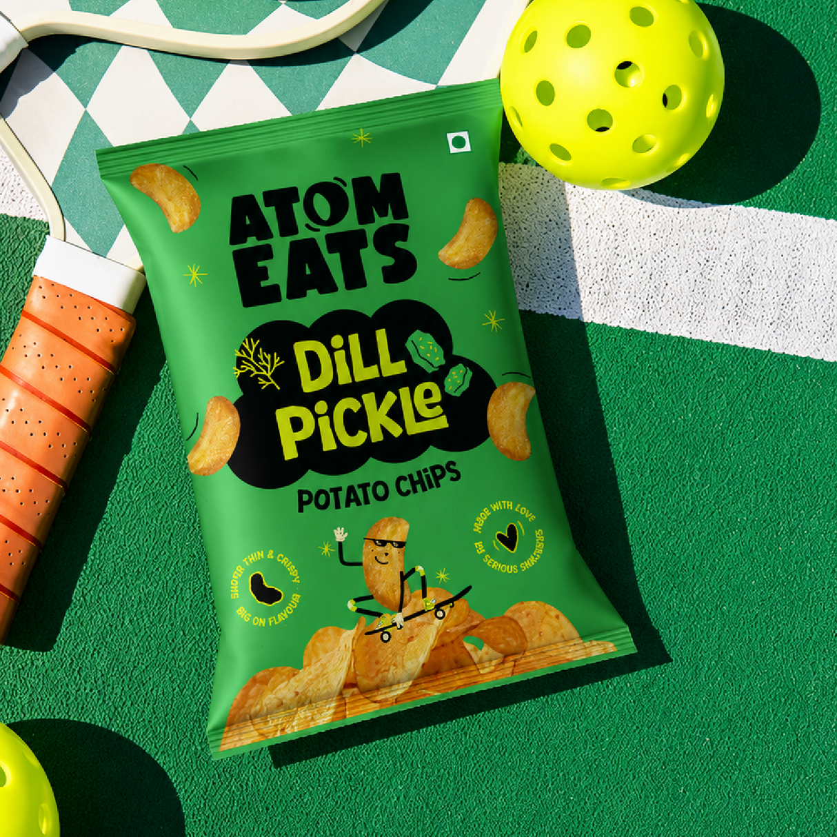 Atom eats Dill Pickle Potato Chips, 60g (Crispy Potato Chips, Tangy Dill Pickle Flavor, Bold & Crunchy Snack)