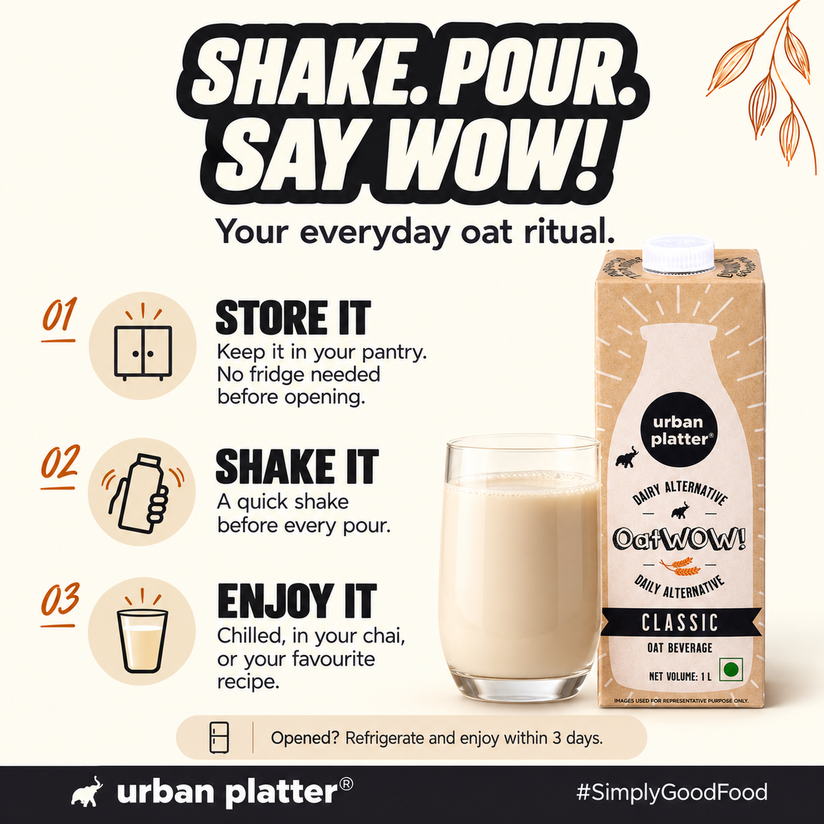 OatWOW! Classic Oat Beverage, 1L (Pack of 3, Plant-Based Milk Alternative | Dairy-Free & Lactose-Free | No Added Sugar | For Coffee, Chai, Smoothies & Sweets)