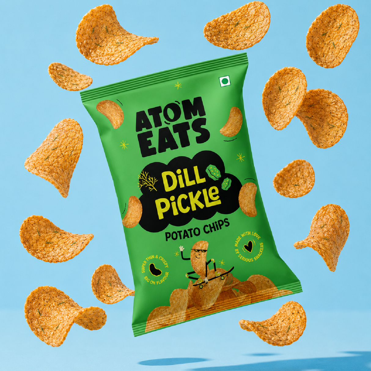 Atom eats Dill Pickle Potato Chips, 60g (Crispy Potato Chips, Tangy Dill Pickle Flavor, Bold & Crunchy Snack)