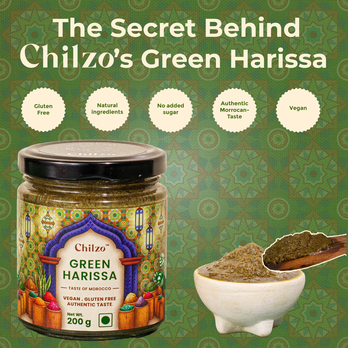 Chilzo Green Harissa Paste,200g (Herby Morrocan Paste, No Artificial Colors/Flavors, Dip, Spread, Marinate, Cook)