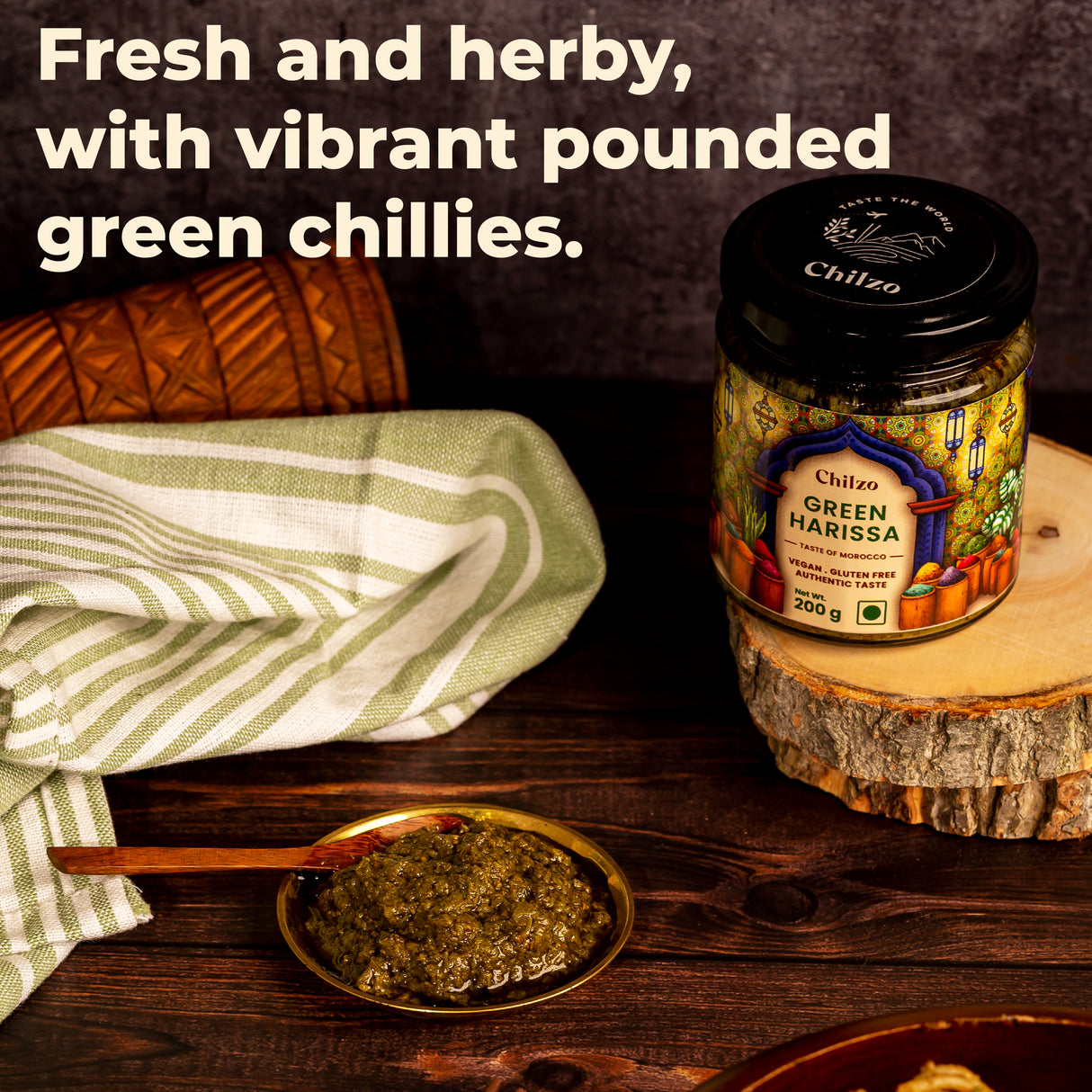 Chilzo Green Harissa Paste,200g (Herby Morrocan Paste, No Artificial Colors/Flavors, Dip, Spread, Marinate, Cook)
