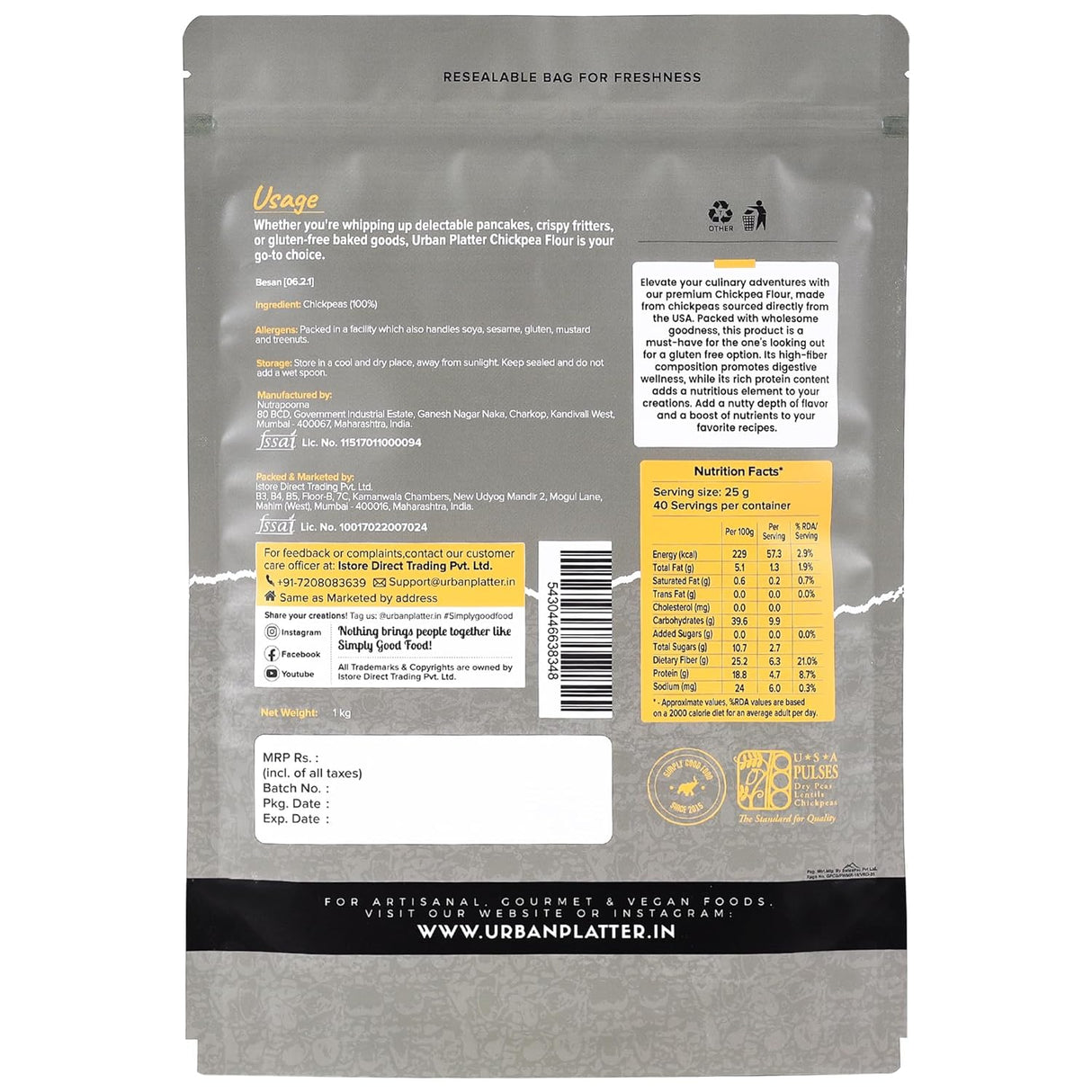 USA Chickpeas Flour, 1Kg (High in Fiber & Protein, Ideal for Baking, Gluten-free)