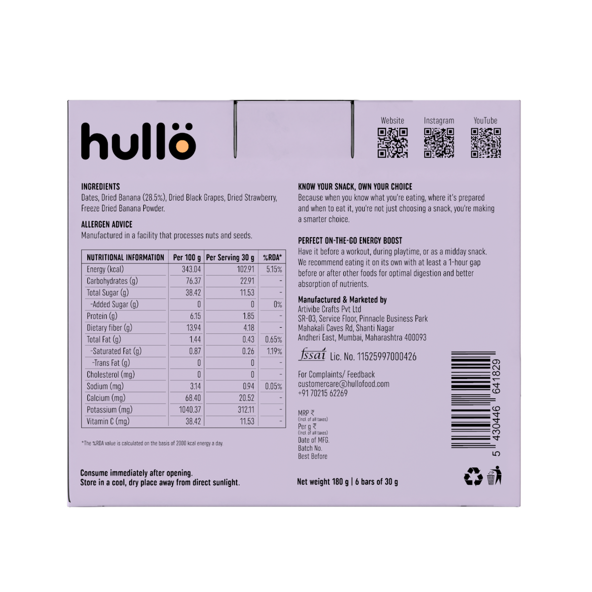 HULLO The Only Fruit Bar - Banana, 180g (6x30g)