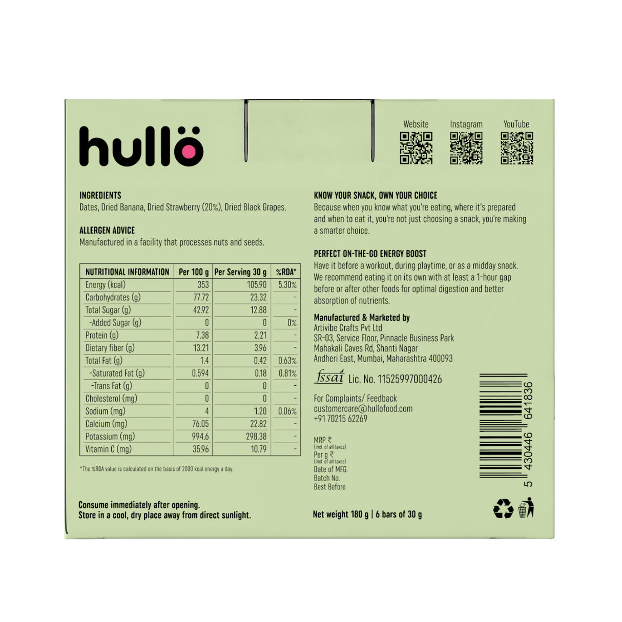 HULLO The Only Fruit Bar - Strawberry, 180g (6x30g)