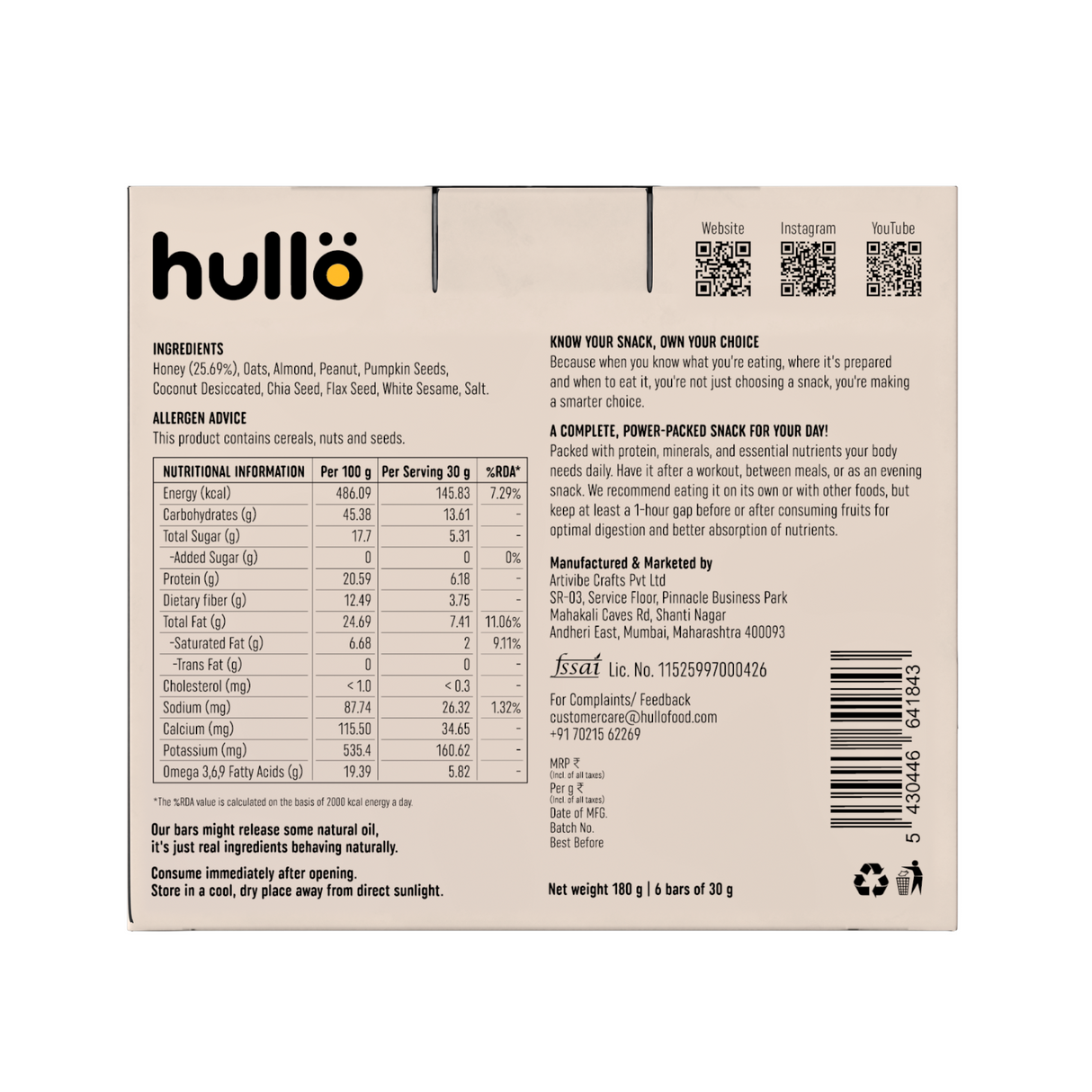 HULLO The Nuts & Seeds Bar - Honey, 180g (6x30g)