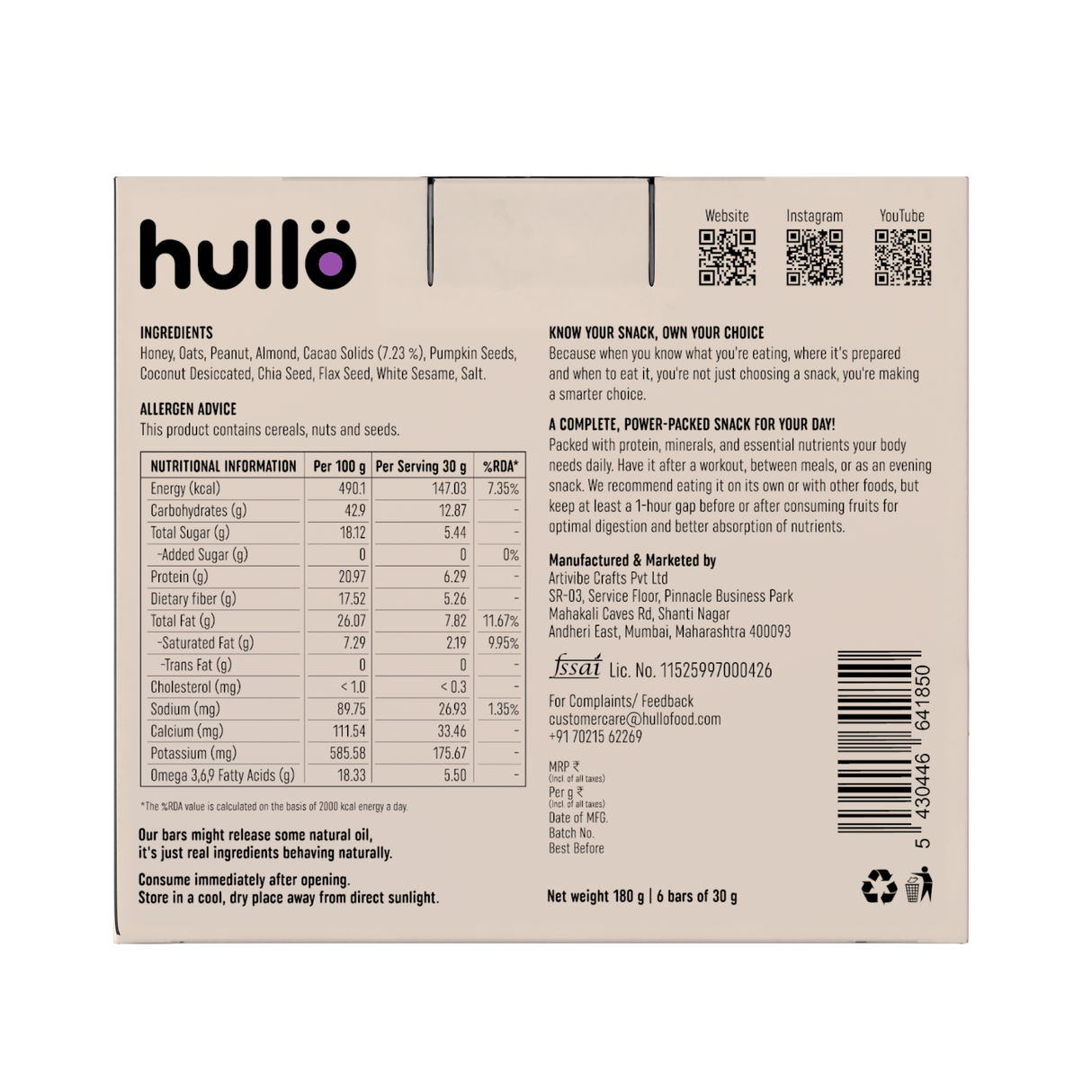 HULLO The Nuts & Seeds Bar - Chocolate, 180g (6x30g)