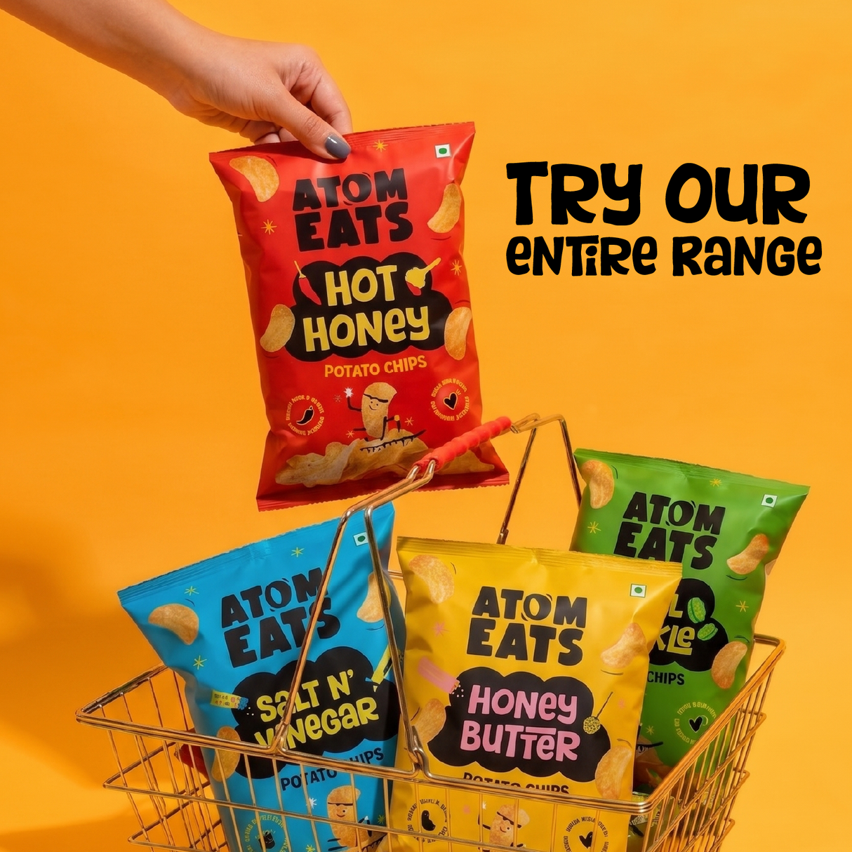 Atom Eats Hot Honey Potato Chips, 60g (Crispy Potato Chips, Sweet & Spicy Honey Chilli Flavor, Bold Crunchy Snack)