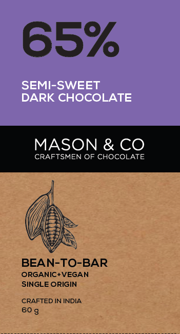 Mason & Co. 65% Semi-Sweet Dark Organic Exotic Artisanal Chocolate Bar, 60g