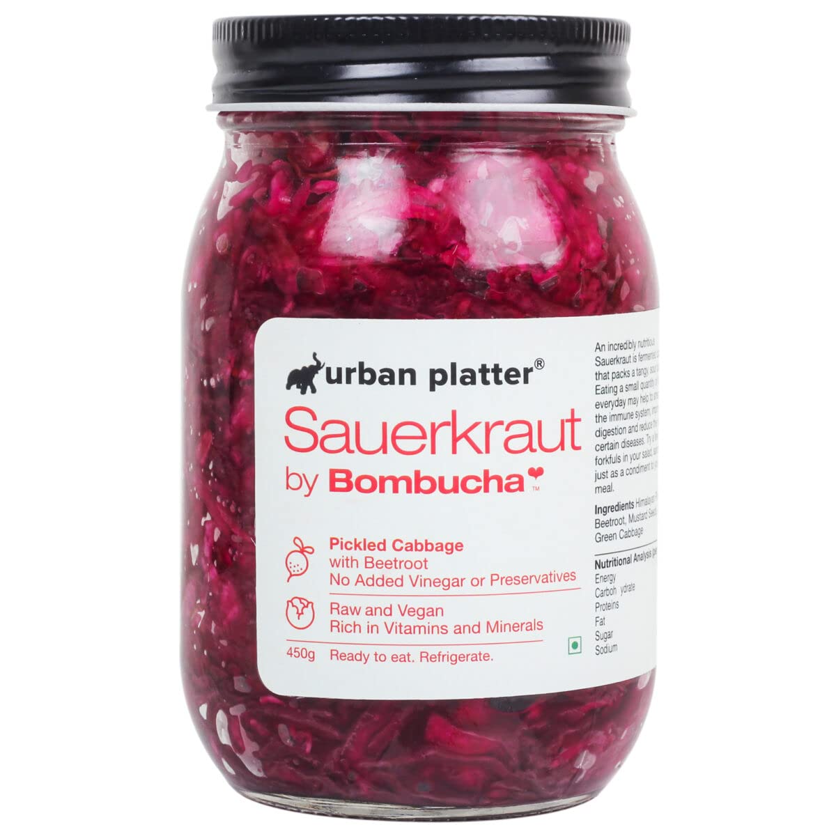 Urban Platter Sauerkraut Original Pickled Probiotic Cabbage with Beetroot, 450g (Raw, Organic & Powered by Bombucha)
