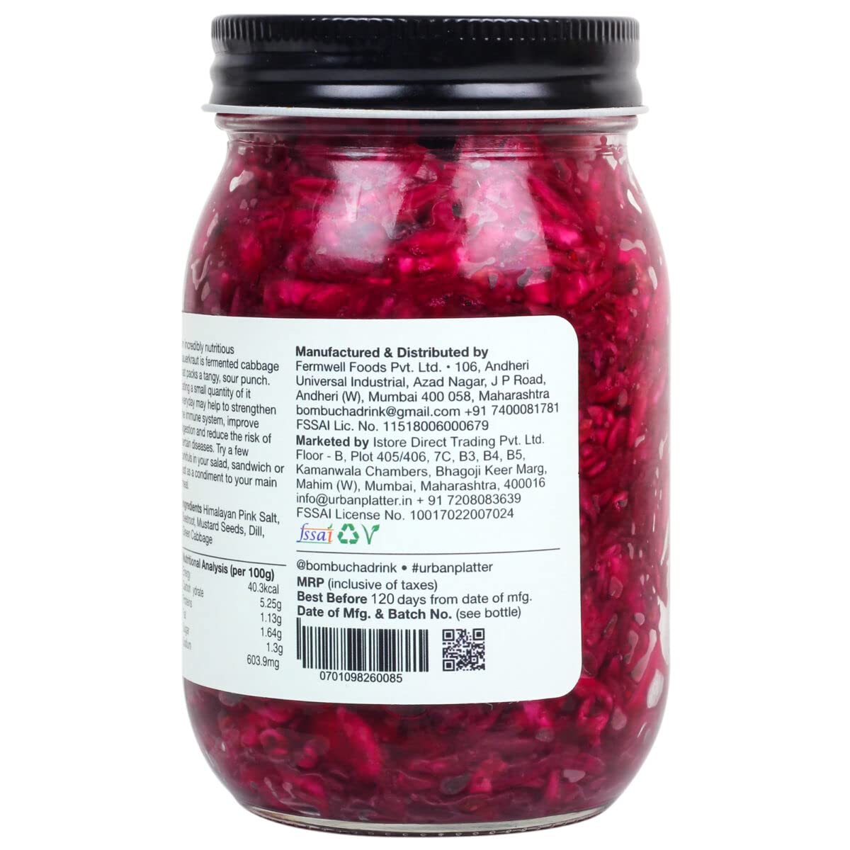 Urban Platter Sauerkraut Original Pickled Probiotic Cabbage with Beetroot, 450g (Raw, Organic & Powered by Bombucha)