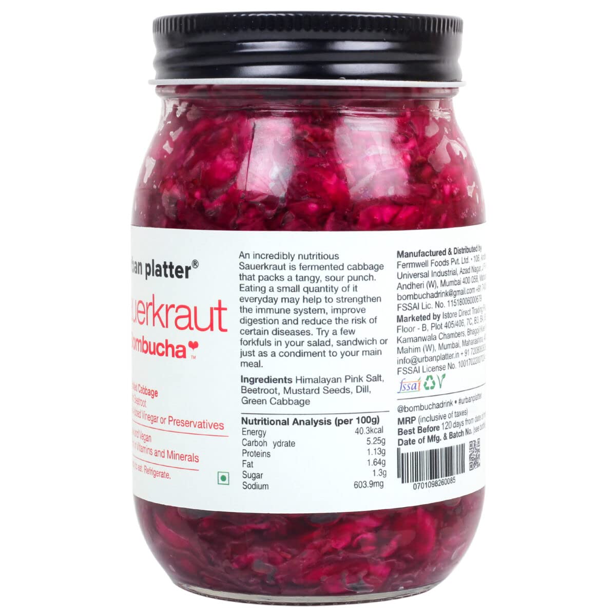 Urban Platter Sauerkraut Original Pickled Probiotic Cabbage with Beetroot, 450g (Raw, Organic & Powered by Bombucha)