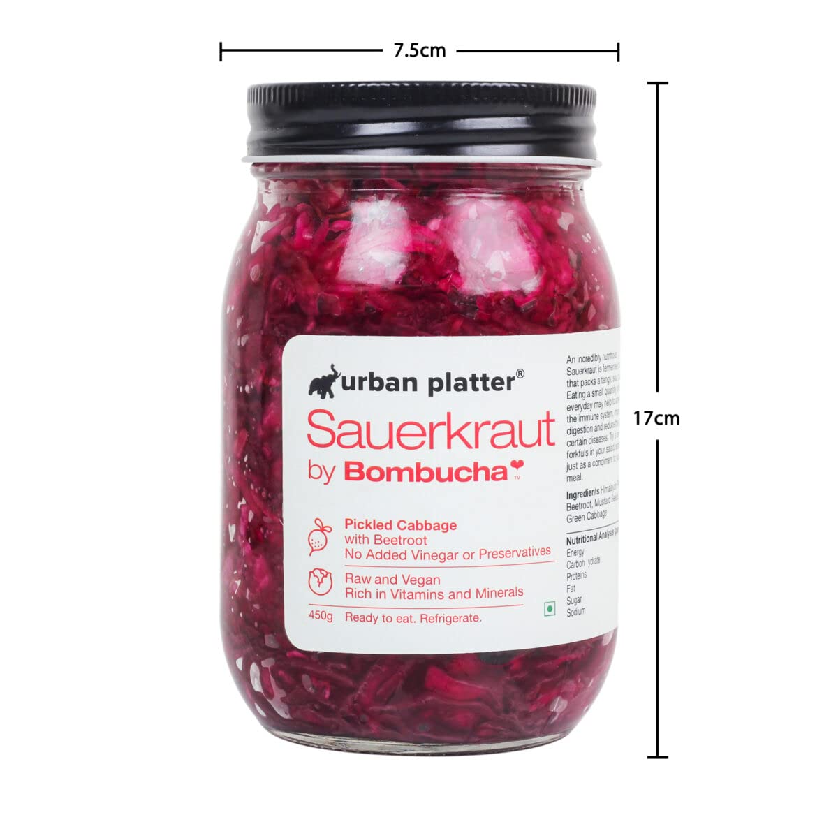 Urban Platter Sauerkraut Original Pickled Probiotic Cabbage with Beetroot, 450g (Raw, Organic & Powered by Bombucha)