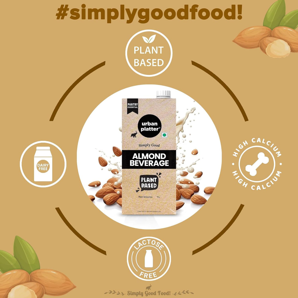 Urban Platter Almond Milk, 1 Litre, Pack of 6 (Unsweetened | Lactose-Free | Plant-Based Milk Alternative | Works Beautifully in Tea and Coffee)