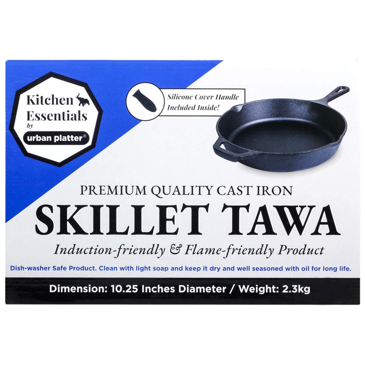 Urban Platter Cast Iron Skillet Tawa, 10.25 Inches (Induction Base Fry Pan, Black Colour, Comes with Silicone Handle Cover)
