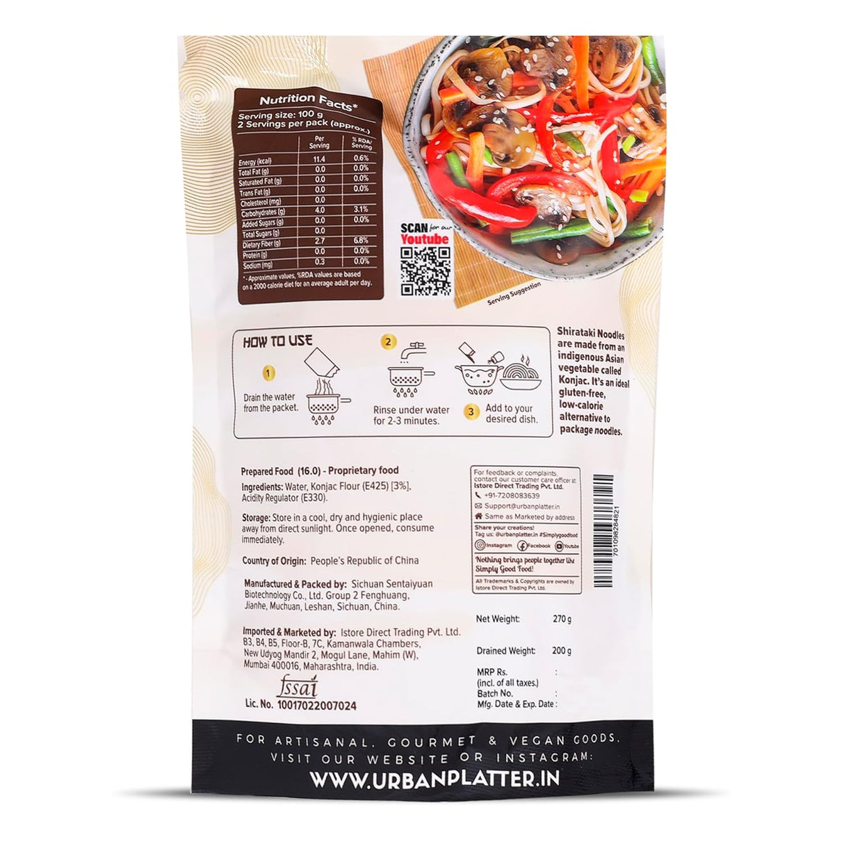 Urban Platter Shirataki Noodles, 270g (Keto-Friendly | Low-Carb | Fat-Free | Gluten-Free | Ultra-Low Calorie Konjac Miracle Noodles)