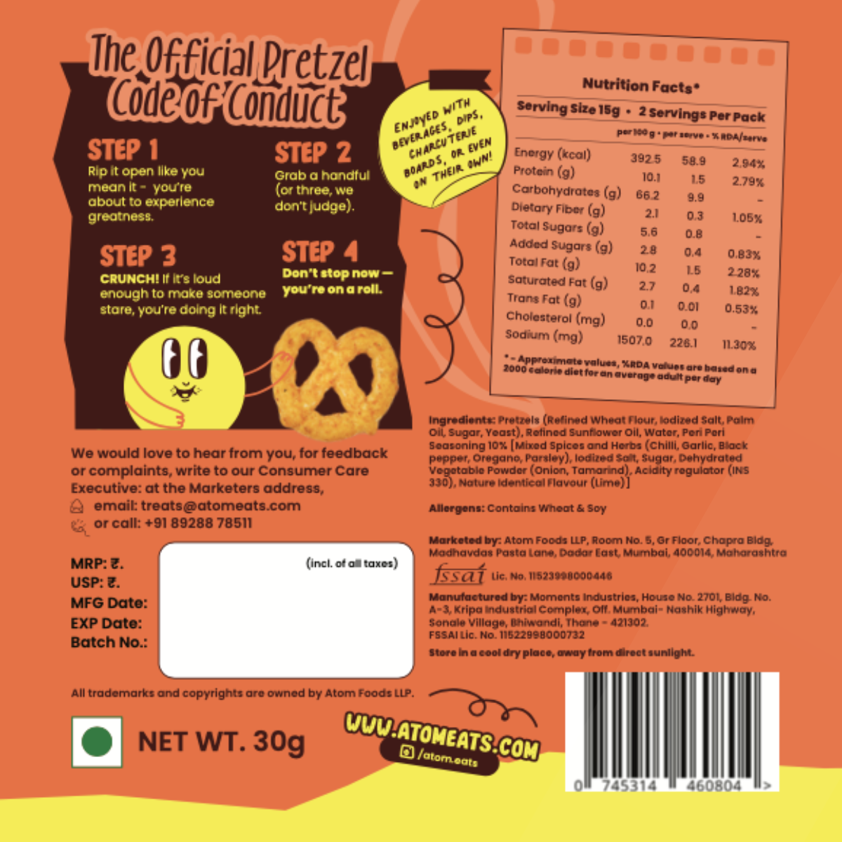 Atom Eats Peri Peri Pretzels, 30g