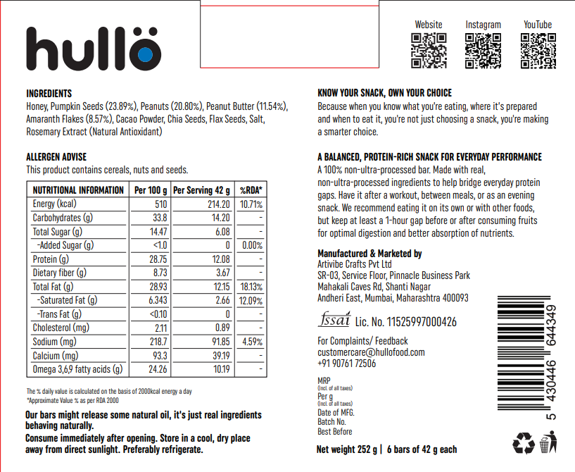 HULLO The Natural Protein Bar - Chocolate,252g (6x42g) - product image 8