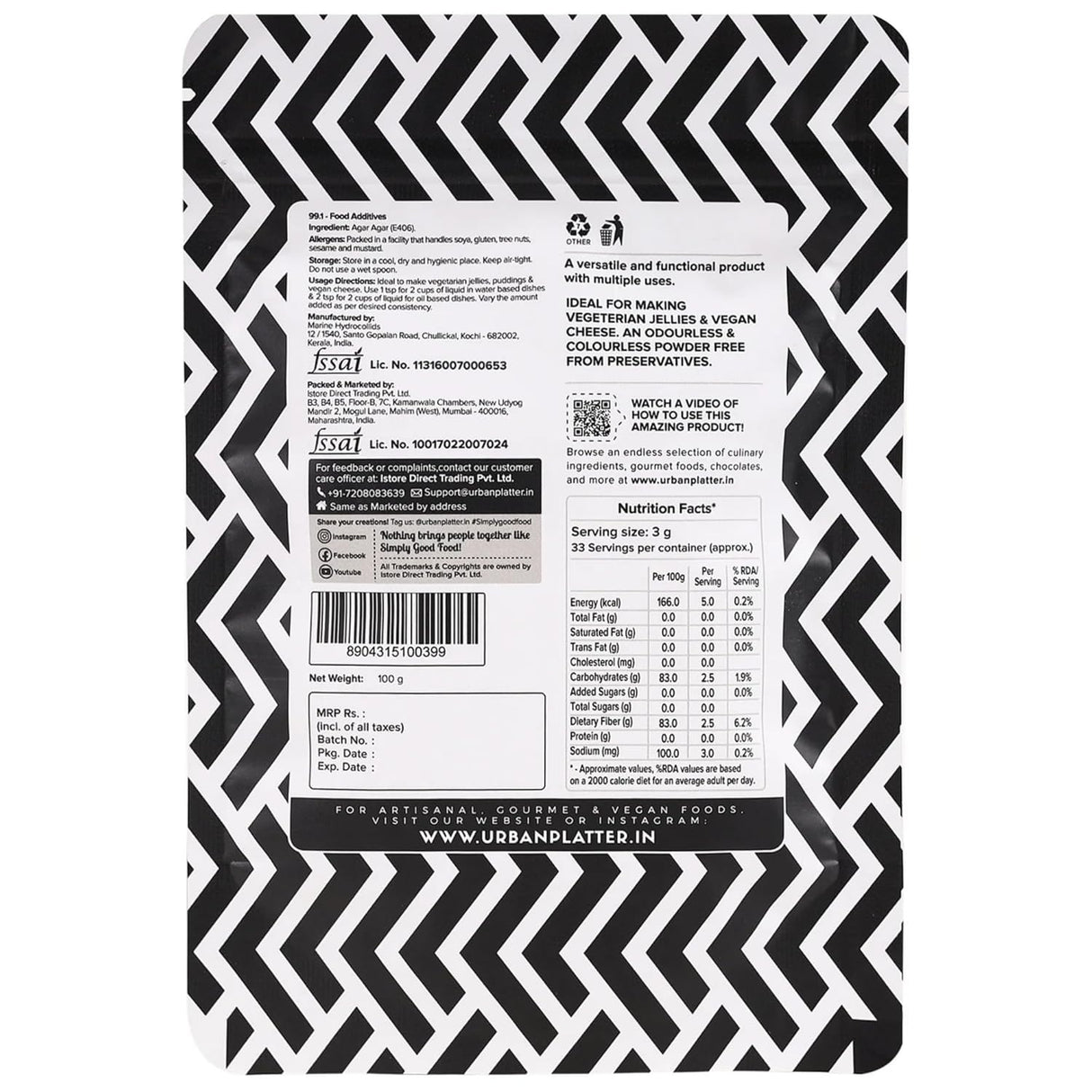 Urban Platter Agar Agar Powder, 100g (Superior Gelling Strength | Plant-Based Gelatin Alternative | Jellies, Desserts, Molecular Gastronomy)